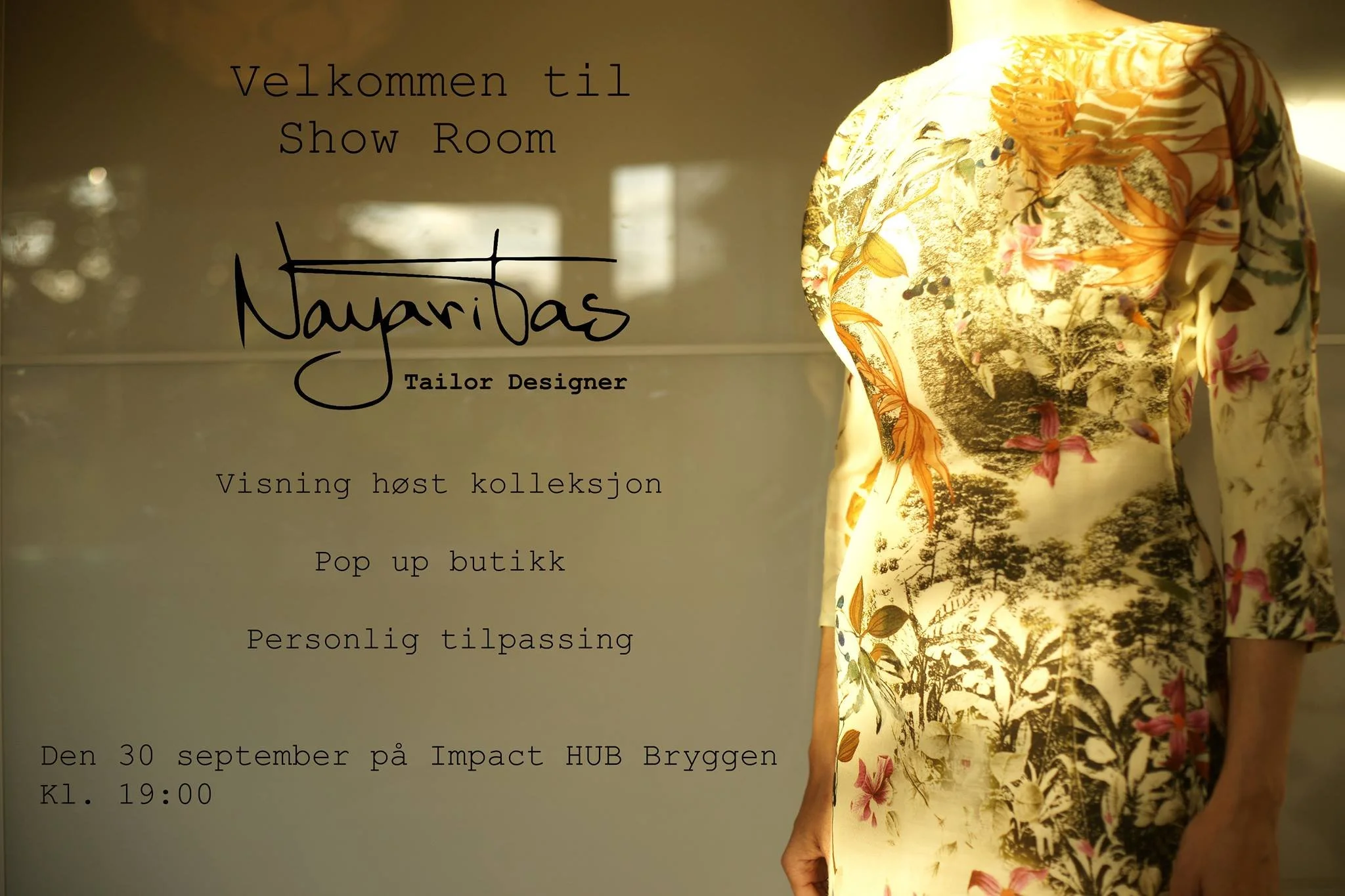Invitation to an exhibition featuring a tailor-designed collection, displayed on a mannequin dressed in a floral patterned fabric, with event details in Norwegian text on the left side.