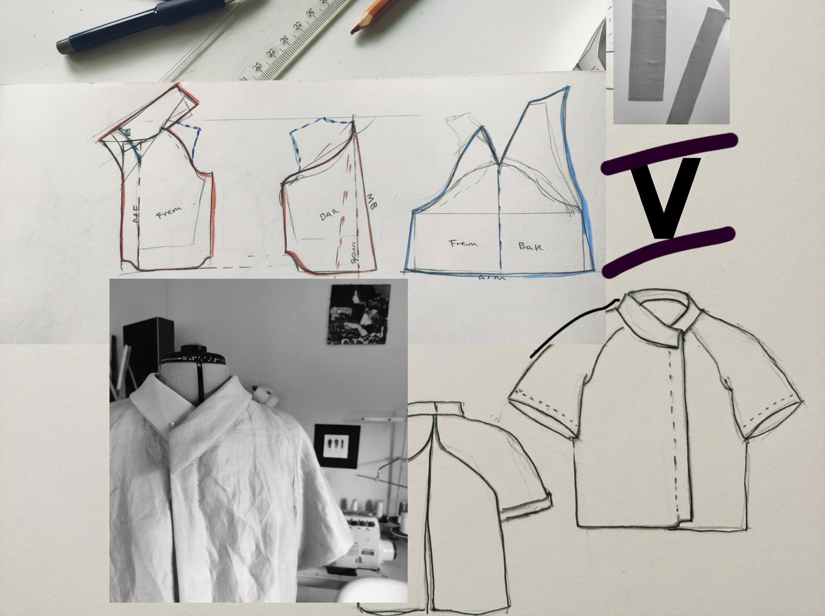Collage of sewing designs and a sewing project. Top shows three hand-drawn pattern sketches for shirts and a tank top, labeled with "From" and "Dart" and "Back". Bottom left features a black-and-white photo of a dress form draped with a white shirt, 