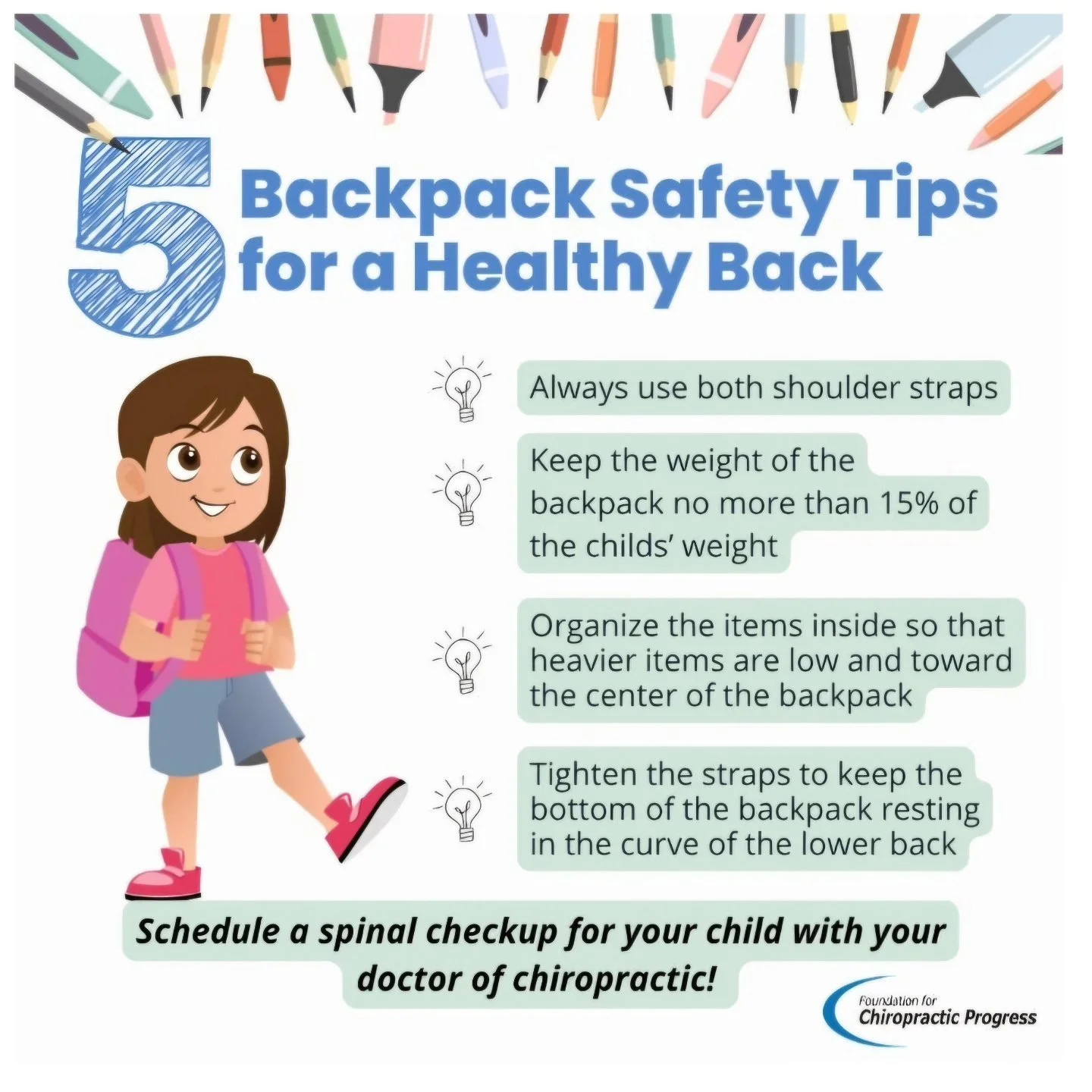 As kids are heading back to school, make sure to follow these 5 tips to keep their backs healthy while wearing a backpack.&nbsp;🎒
