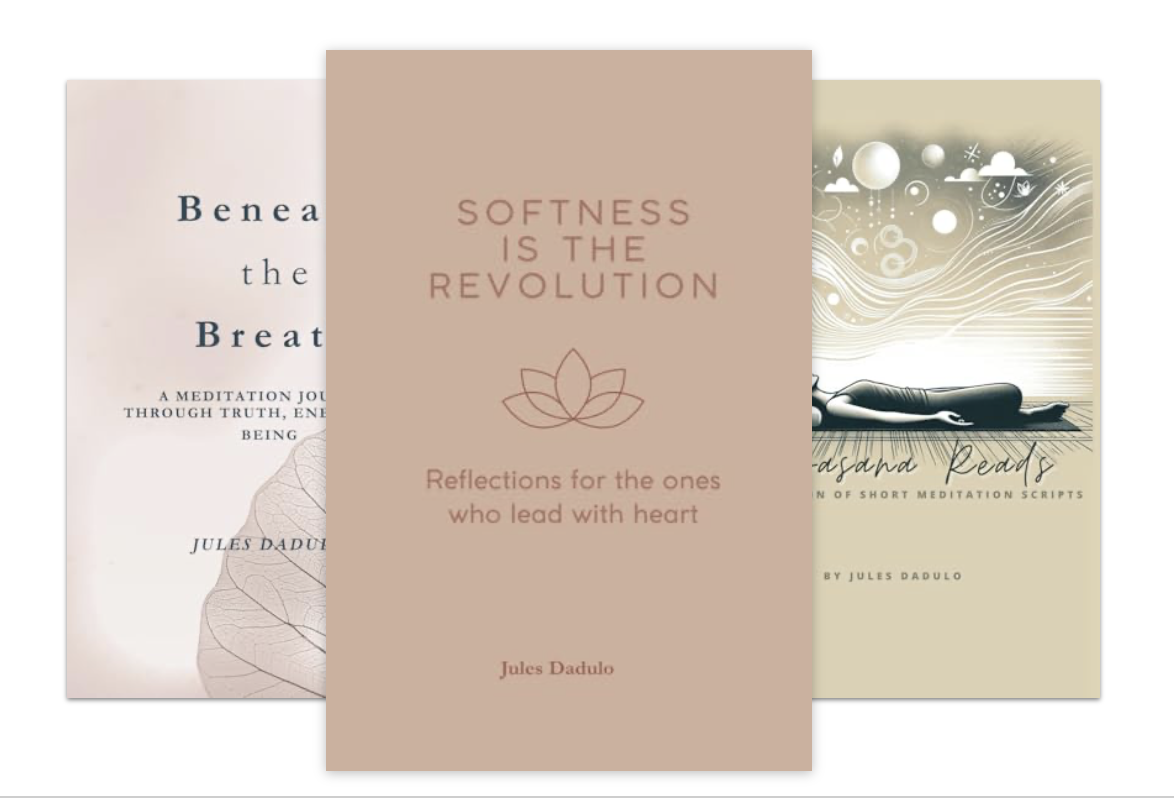 Three meditation and self-reflection book covers displayed side by side. The middle book titled 'Softness is the Revolution' emphasizes mindfulness and heartfelt reflection. The other two books focus on meditation and breathing techniques.