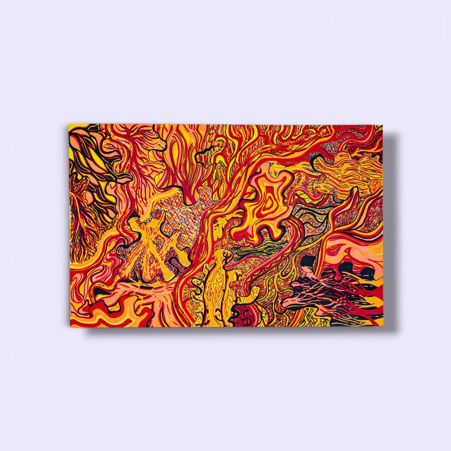 An abstract painting with swirling red, yellow, orange, black, and pink patterns, resembling fiery or organic forms.