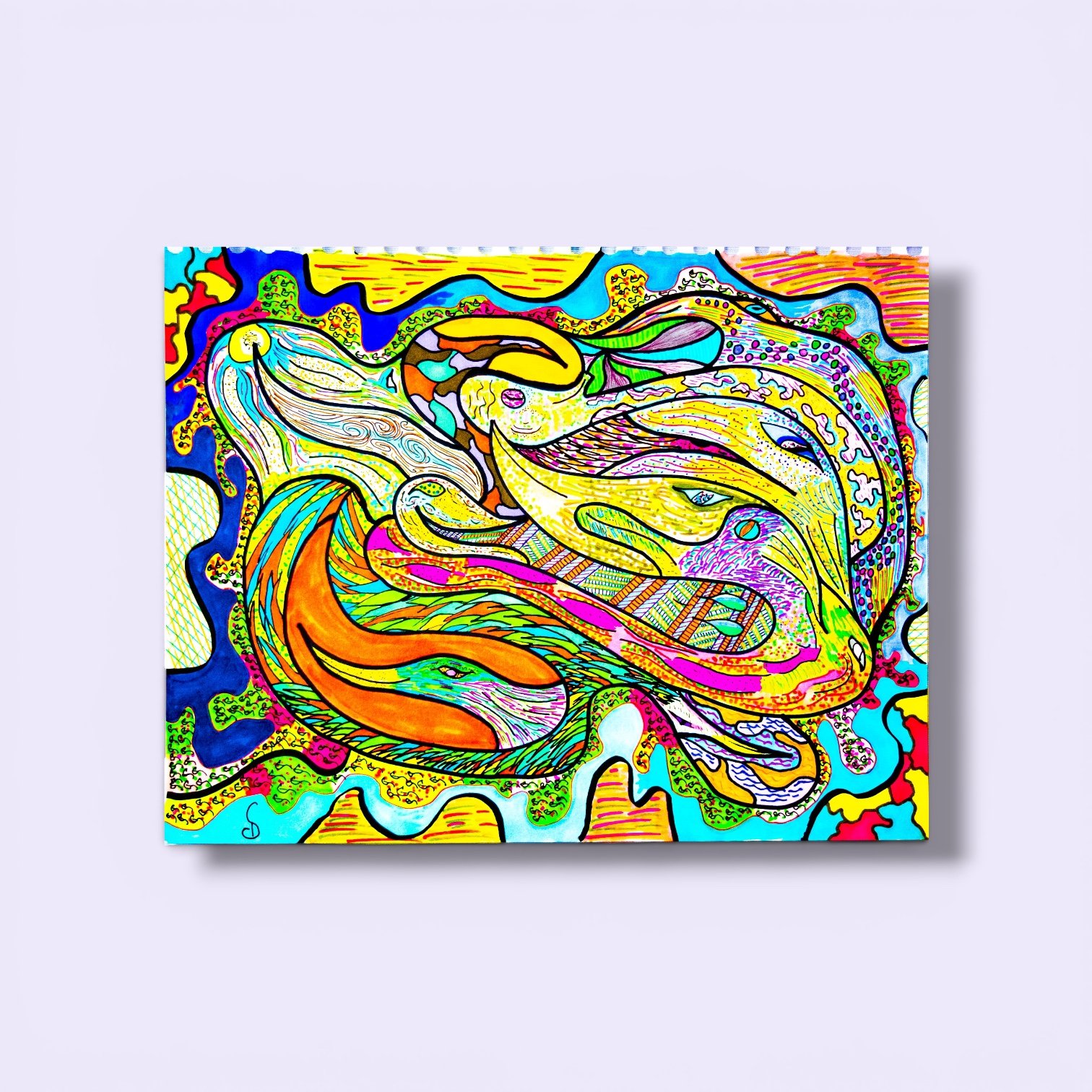 Colorful abstract drawing featuring swirling shapes, lines, and patterns in bright hues, with some elements resembling mythical creatures and organic forms.