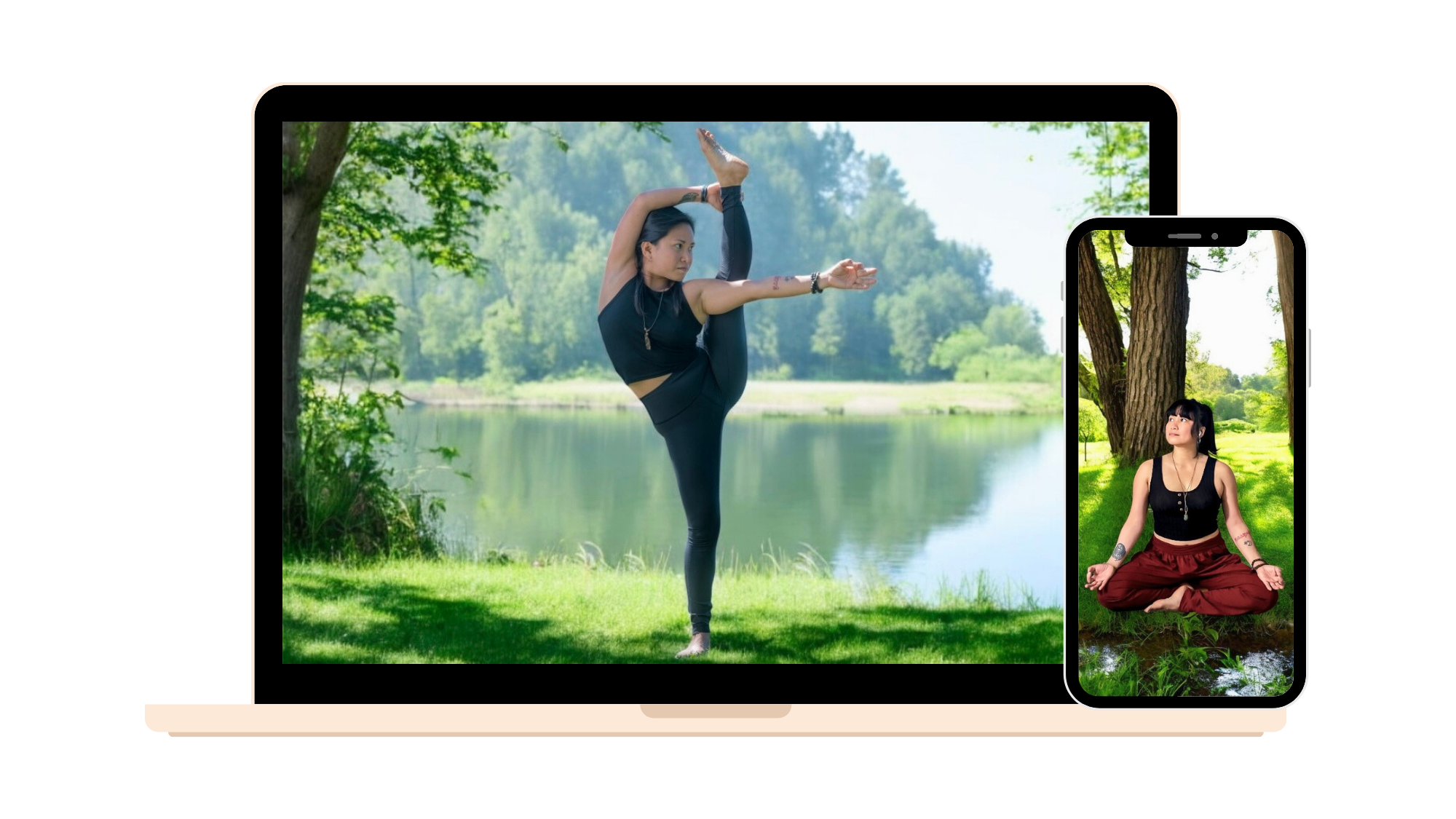 Two devices, a laptop and a smartphone, display images of women practicing yoga outdoors in a green park setting with trees and a lake. The woman on the laptop is performing a standing yoga pose, while the woman on the phone is sitting cross-legged meditating.