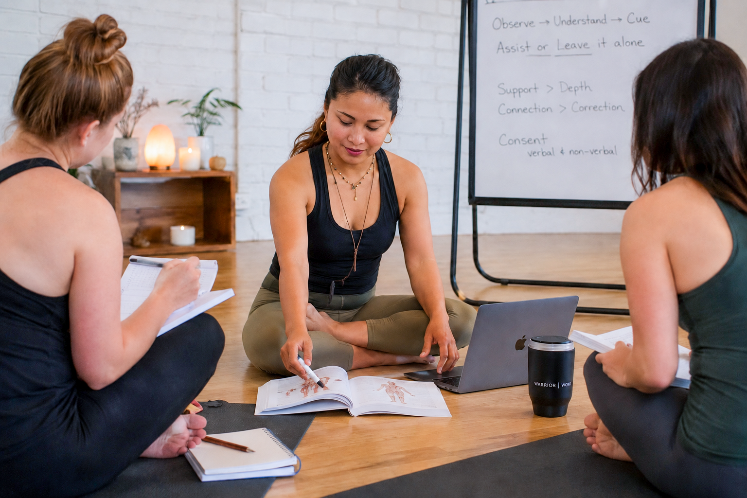 Three women sitting on yoga mats in a circle during a wellness workshop, with a woman in the middle pointing at an open book on her lap; another woman taking notes, and a whiteboard with wellness tips in the background.