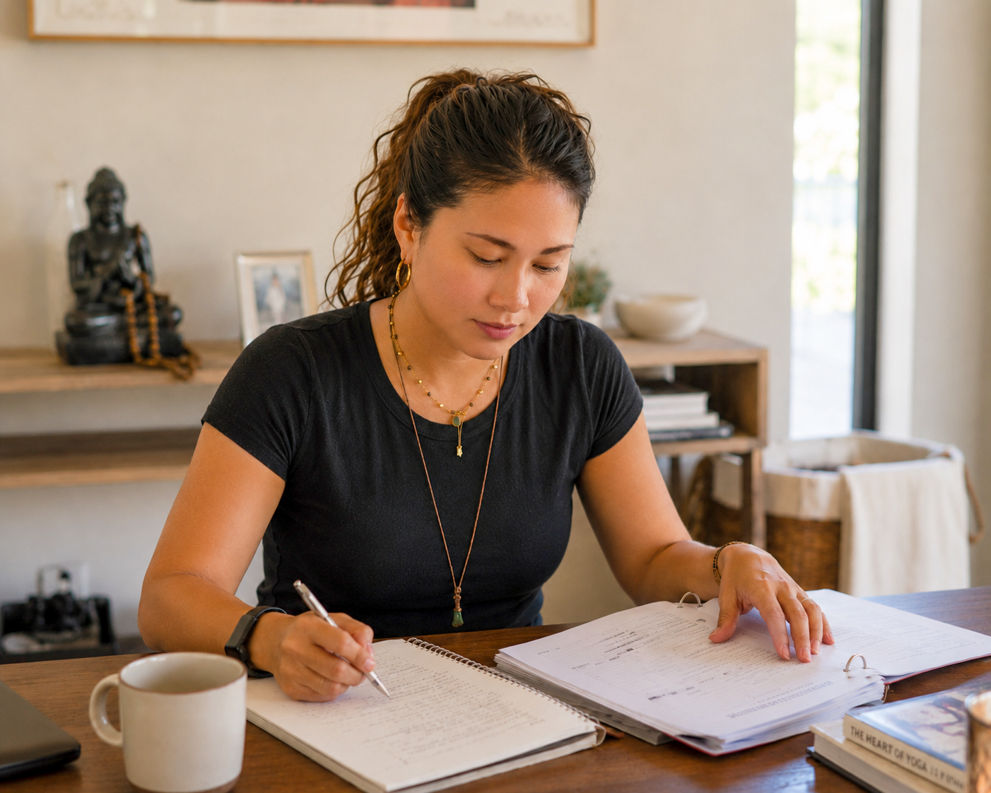 Woman studying or working at a wooden table with notebooks, a mug, and books in a cozy, well-lit room.