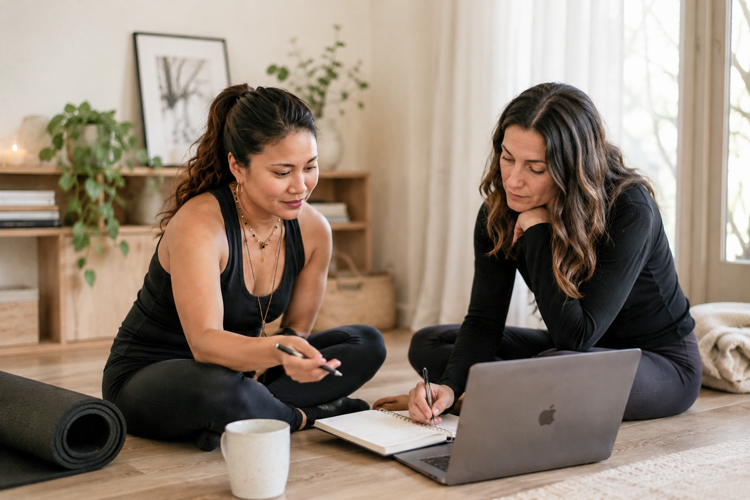Two women sitting on the floor with a laptop, notebook, and cup, engaged in a discussion at home.
