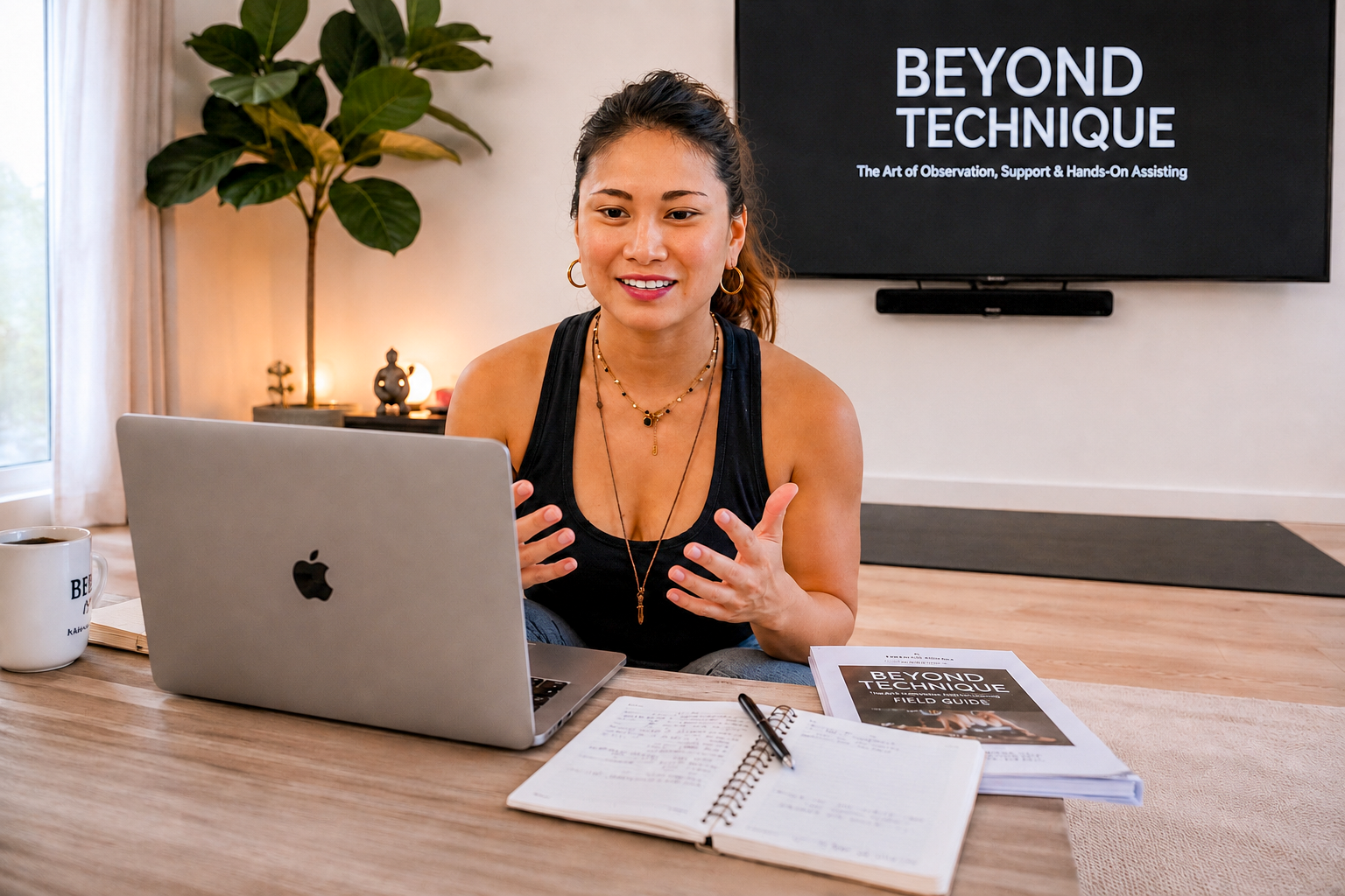 Woman sitting at a wooden table, engaging in a video call or presentation on a laptop, with notebooks and a mug nearby, in a room with a large plant and a screen displaying 'BEYOND TECHNIQUE' behind her.