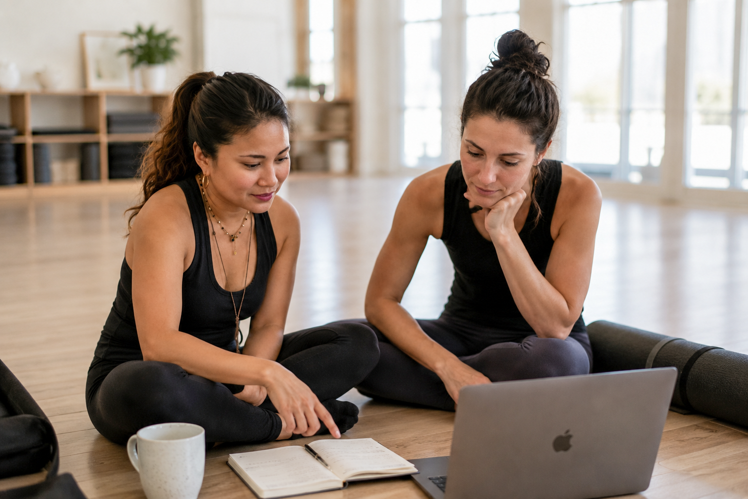 Two women sitting on the floor, looking at a laptop screen with a notebook and mug in front of them, in a bright studio with wooden floors and large windows.