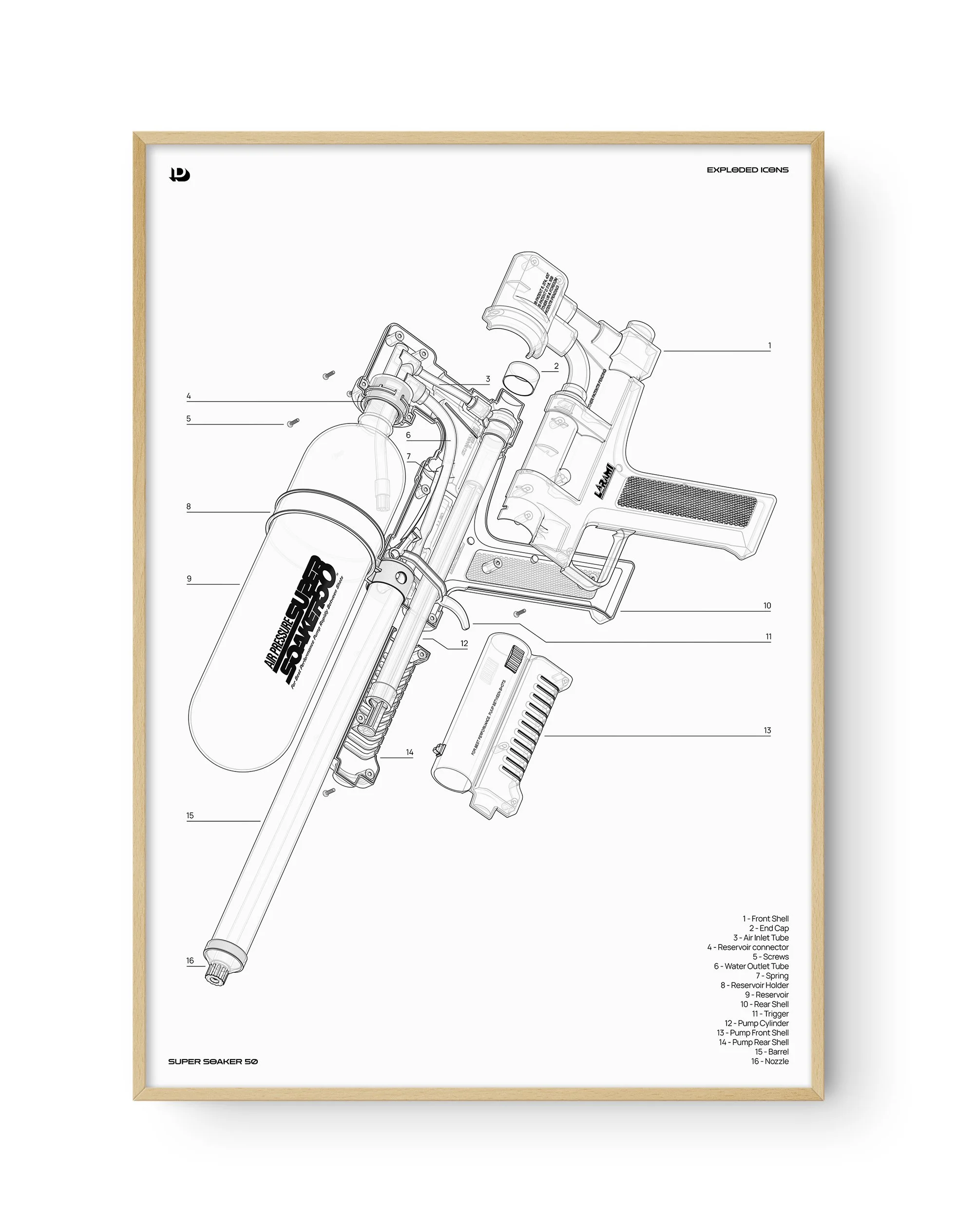 Exploded Icons - Super Soaker 50 Technical A1 Framed Oak.jpg