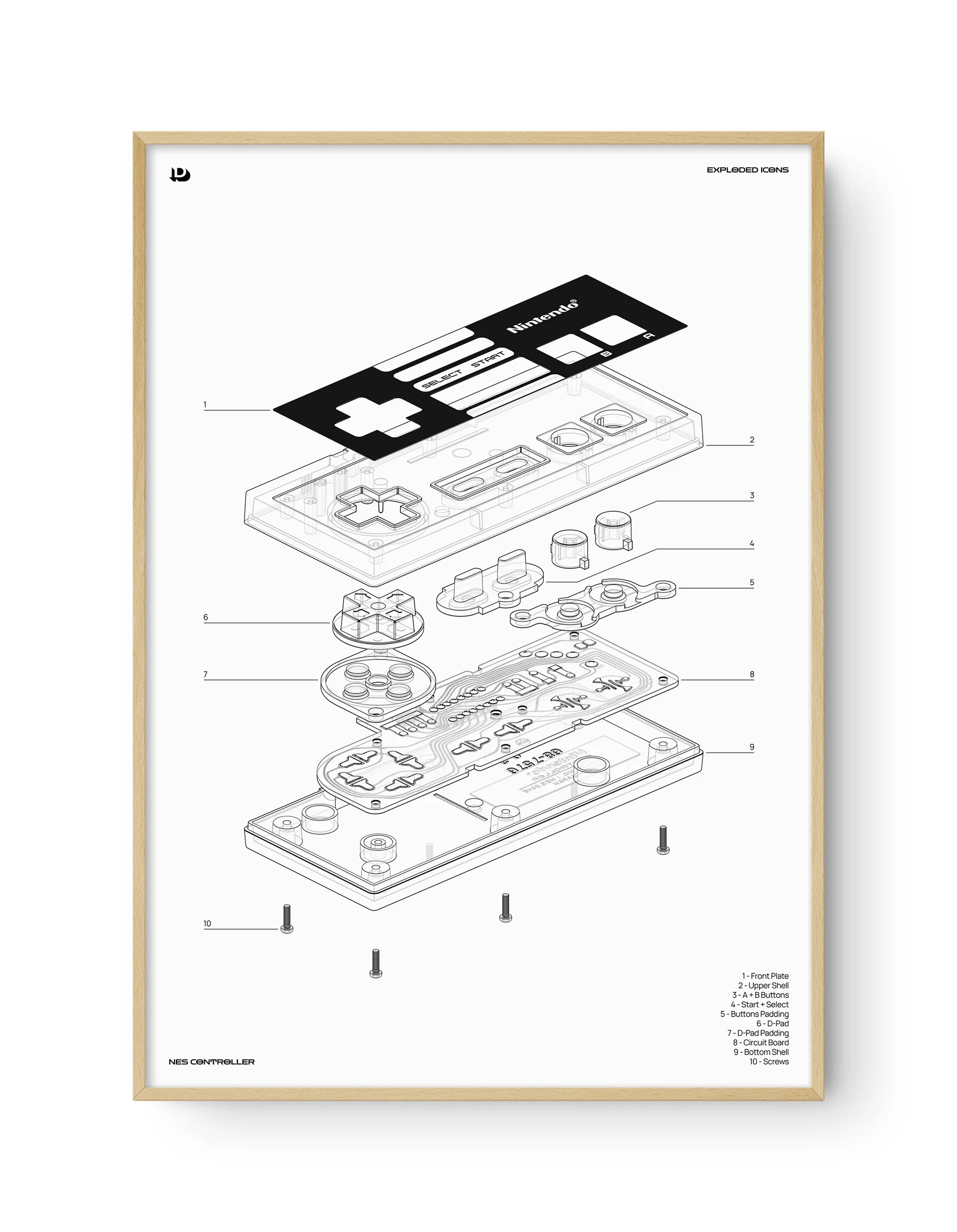 Exploded Icons - NES Controller Technical A1 Framed Natural.jpg