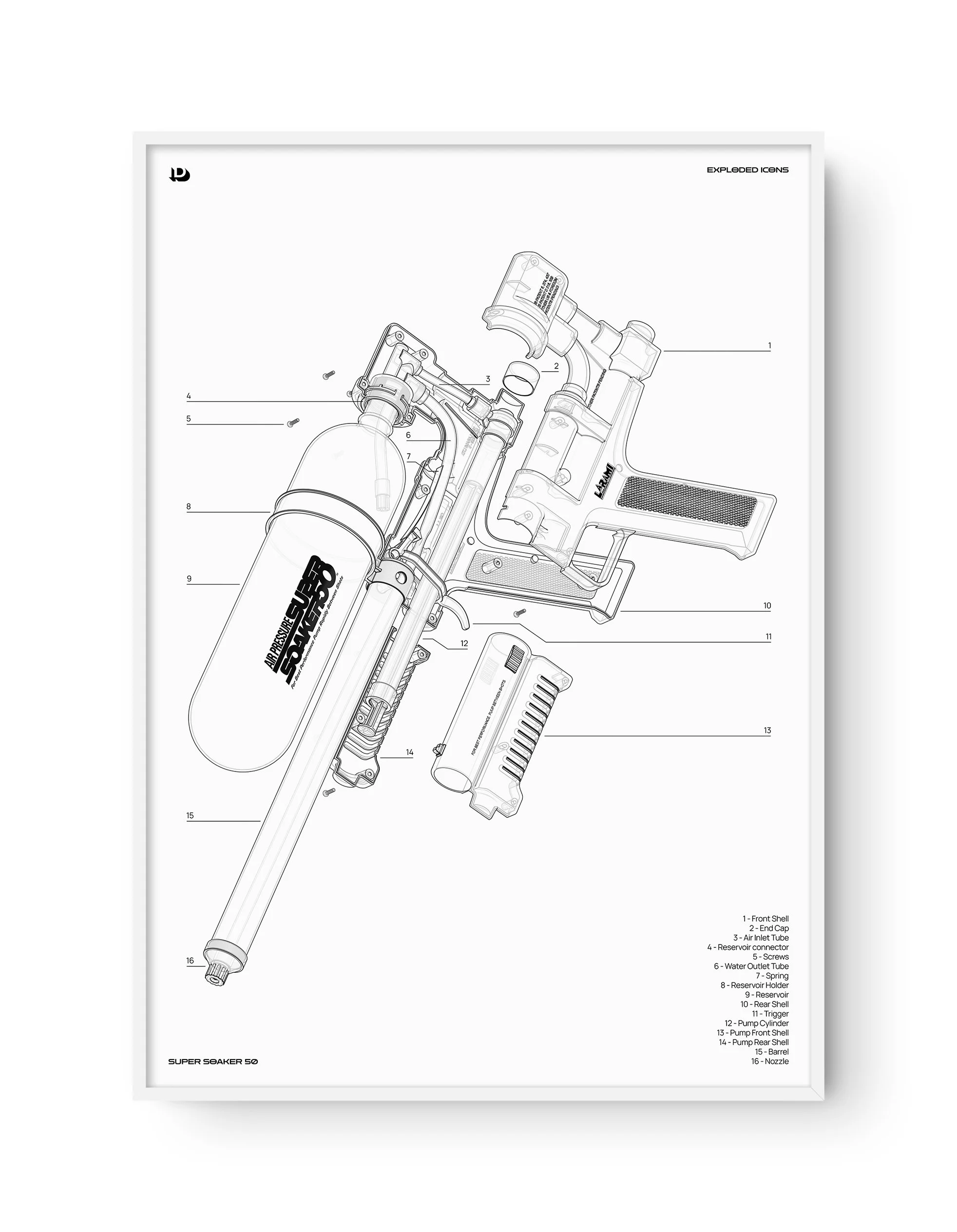 Exploded Icons - Super Soaker 50 Technical A1 Framed White.jpg