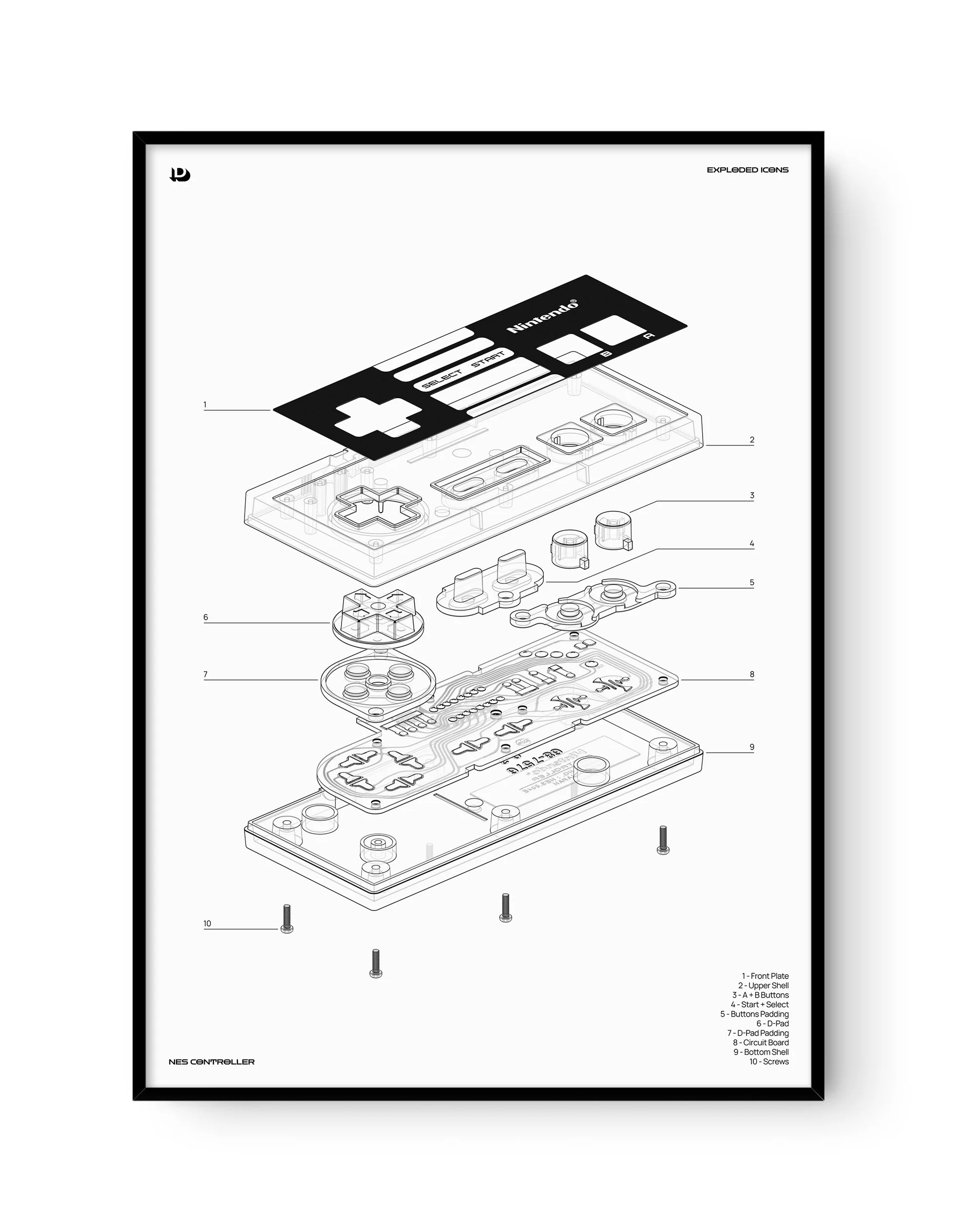 Exploded Icons - NES Controller Technical A1 Framed Black 2.jpg