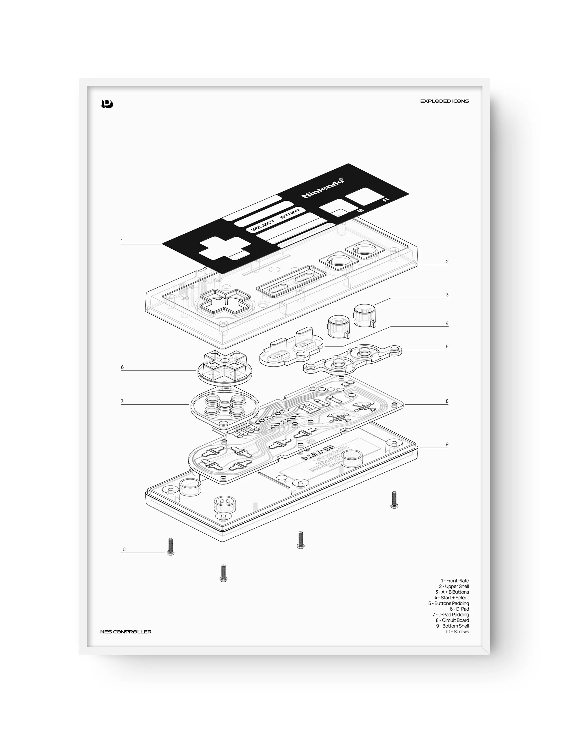 Exploded Icons - NES Controller Technical A1 Framed White.jpg