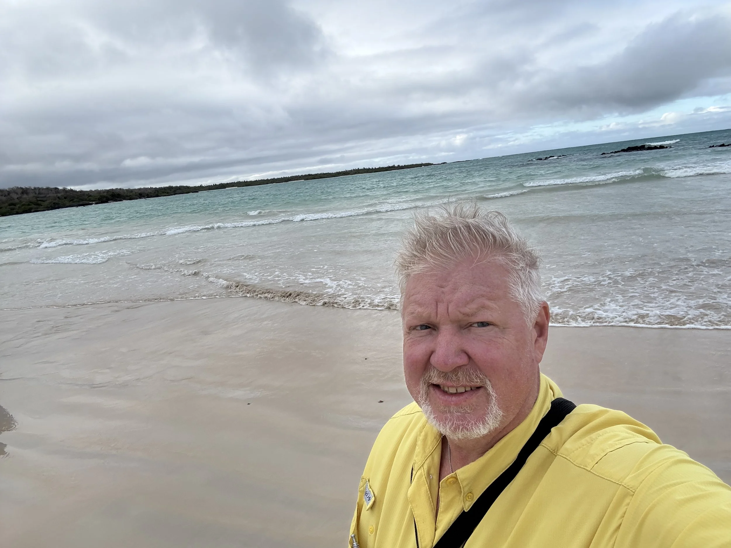 On the beach walking in the water.