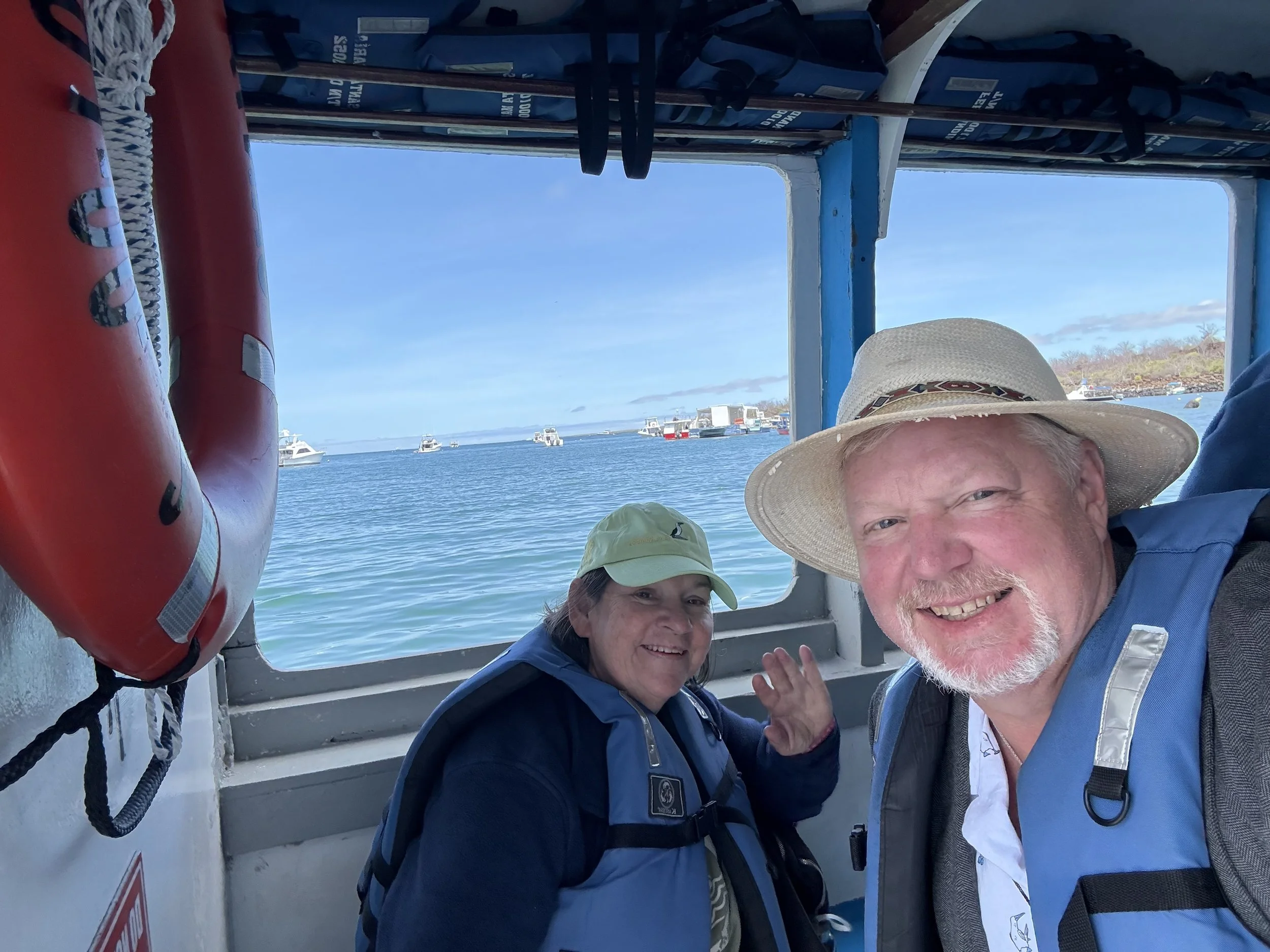 Sandy and I waving goodbye to the island