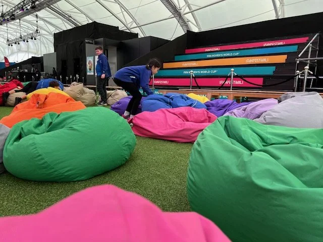 Bleachers and bean bag chairs