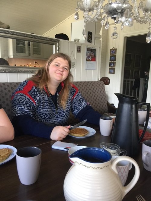 Pearl ready for the day in her new sweater.