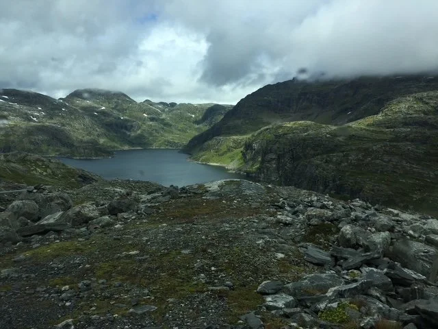 view of a lake from the road.