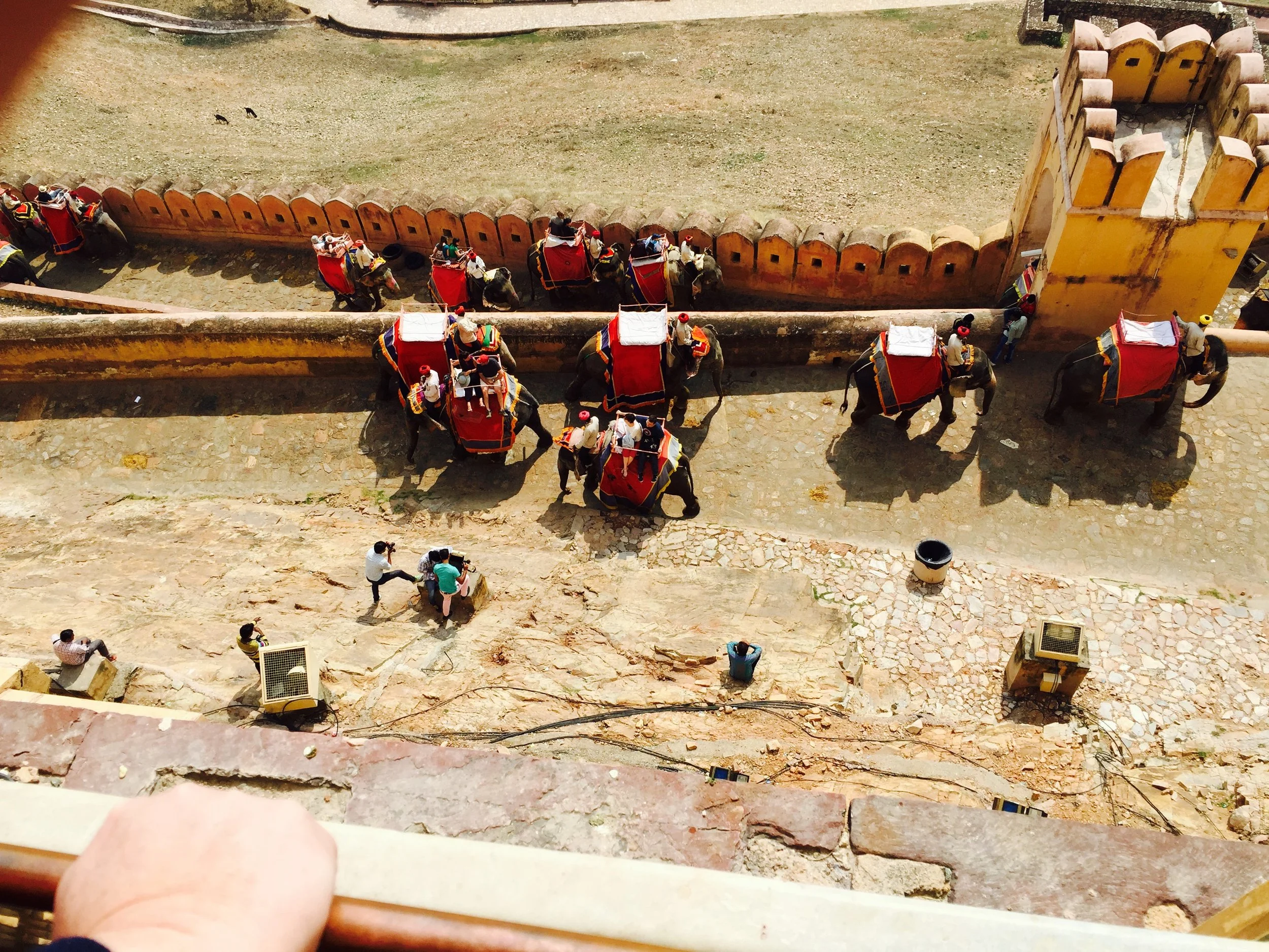 view looking down at caravan of elephants going up the hill.