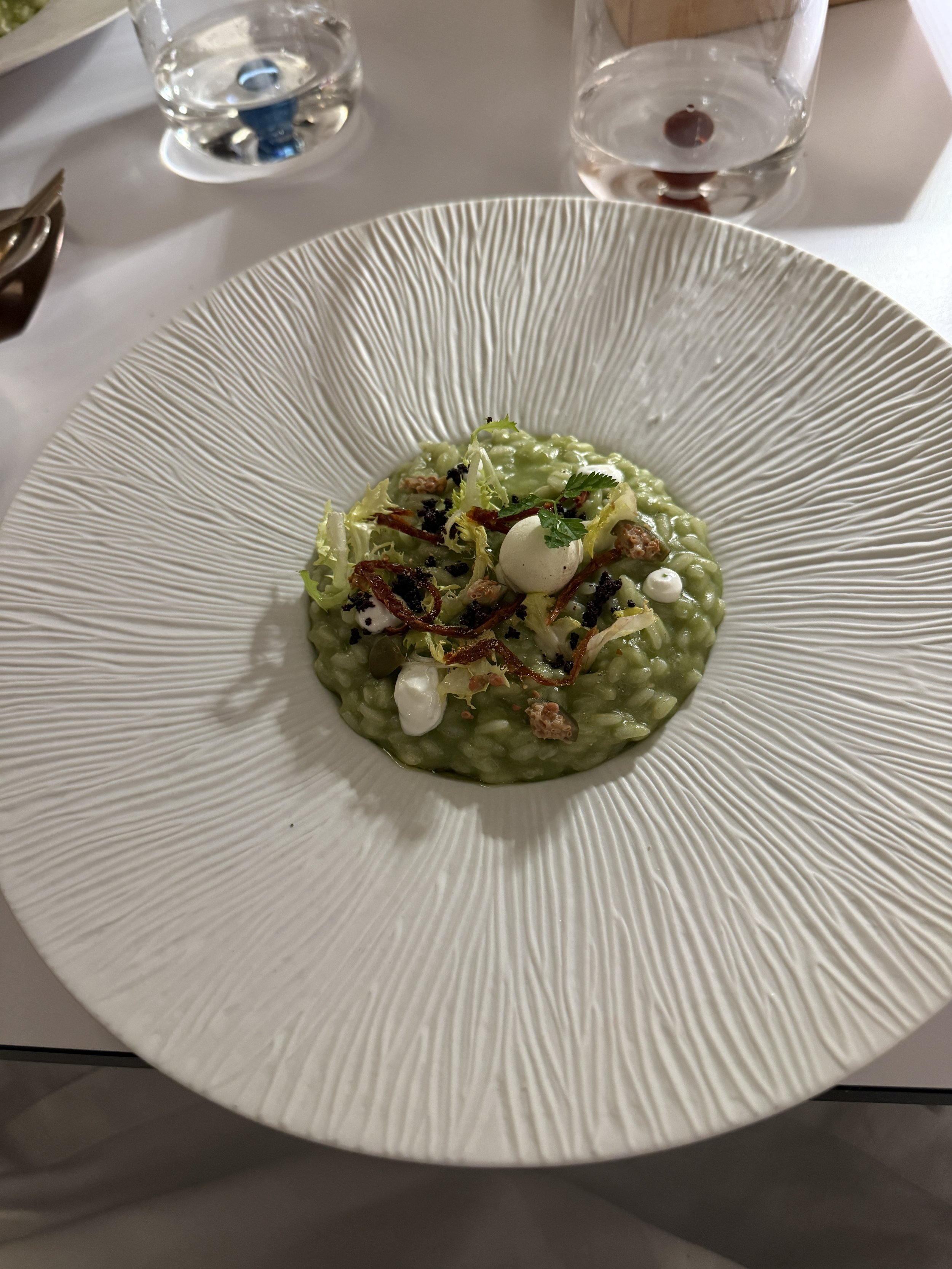 Risotto carnaroli with escarole cream, capers, olives and ginger mayonnais.