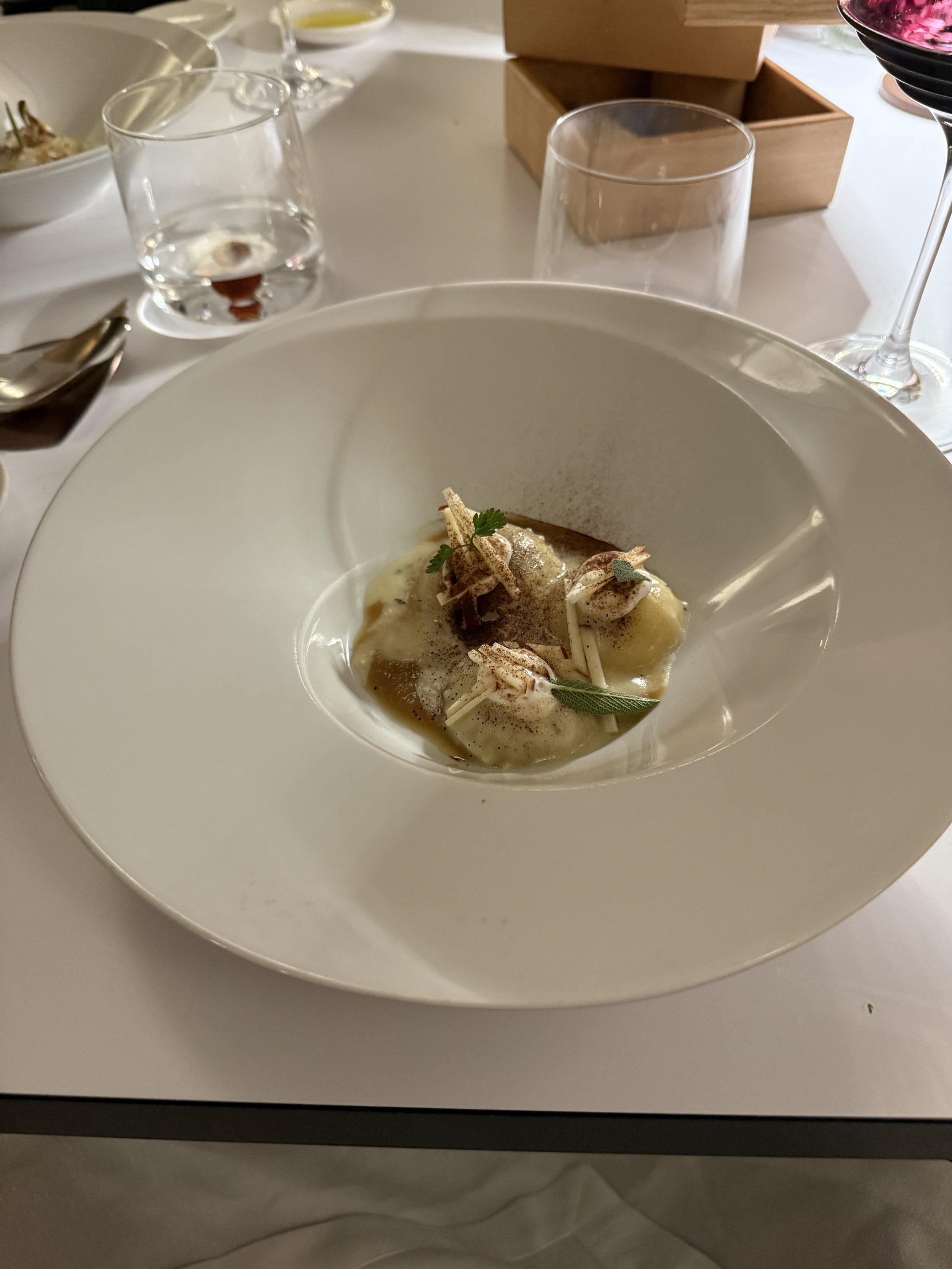 Beef and onion genovese style ravioli, apple and ricotta cheese.