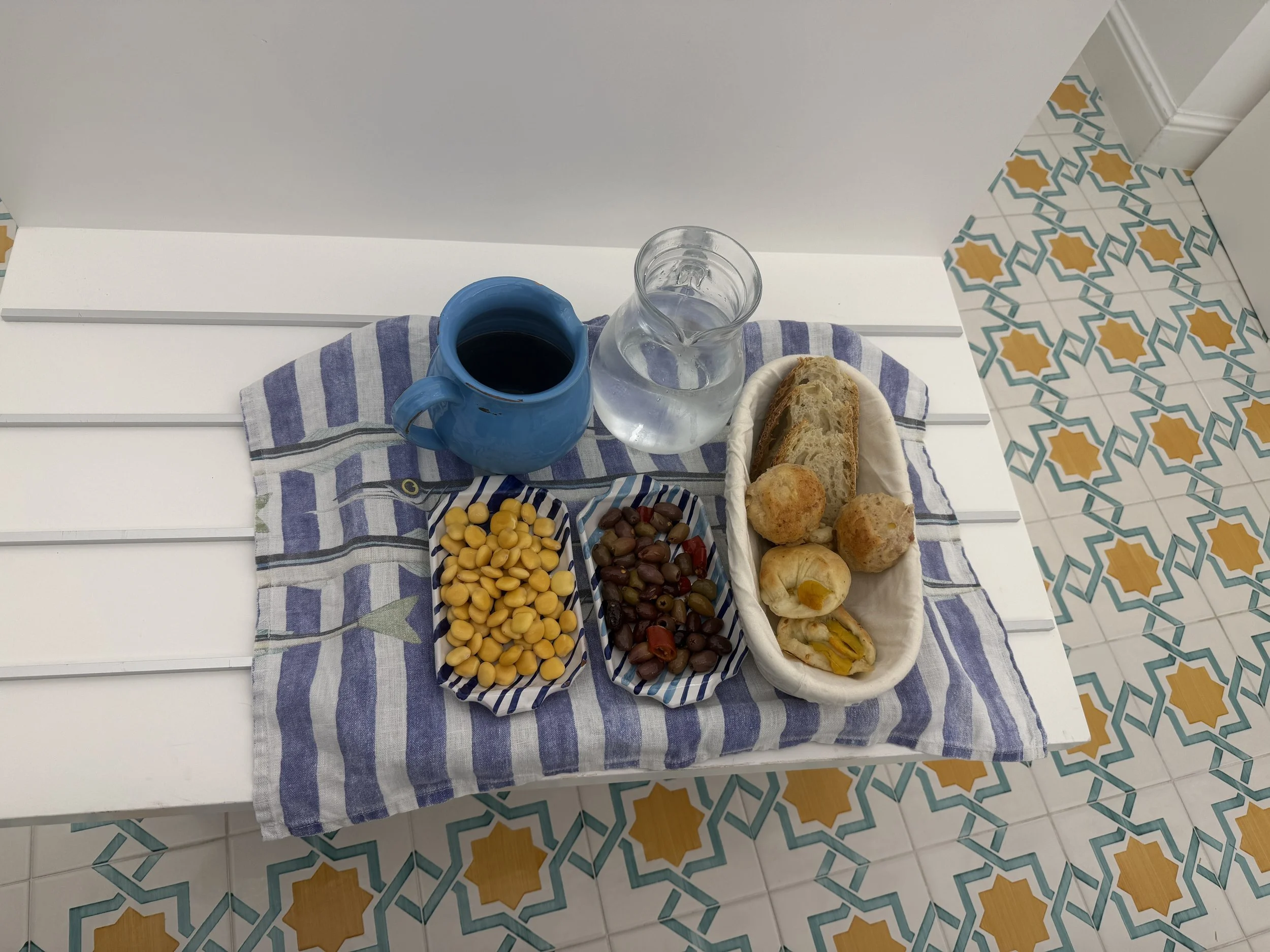 Wine, water and breads.