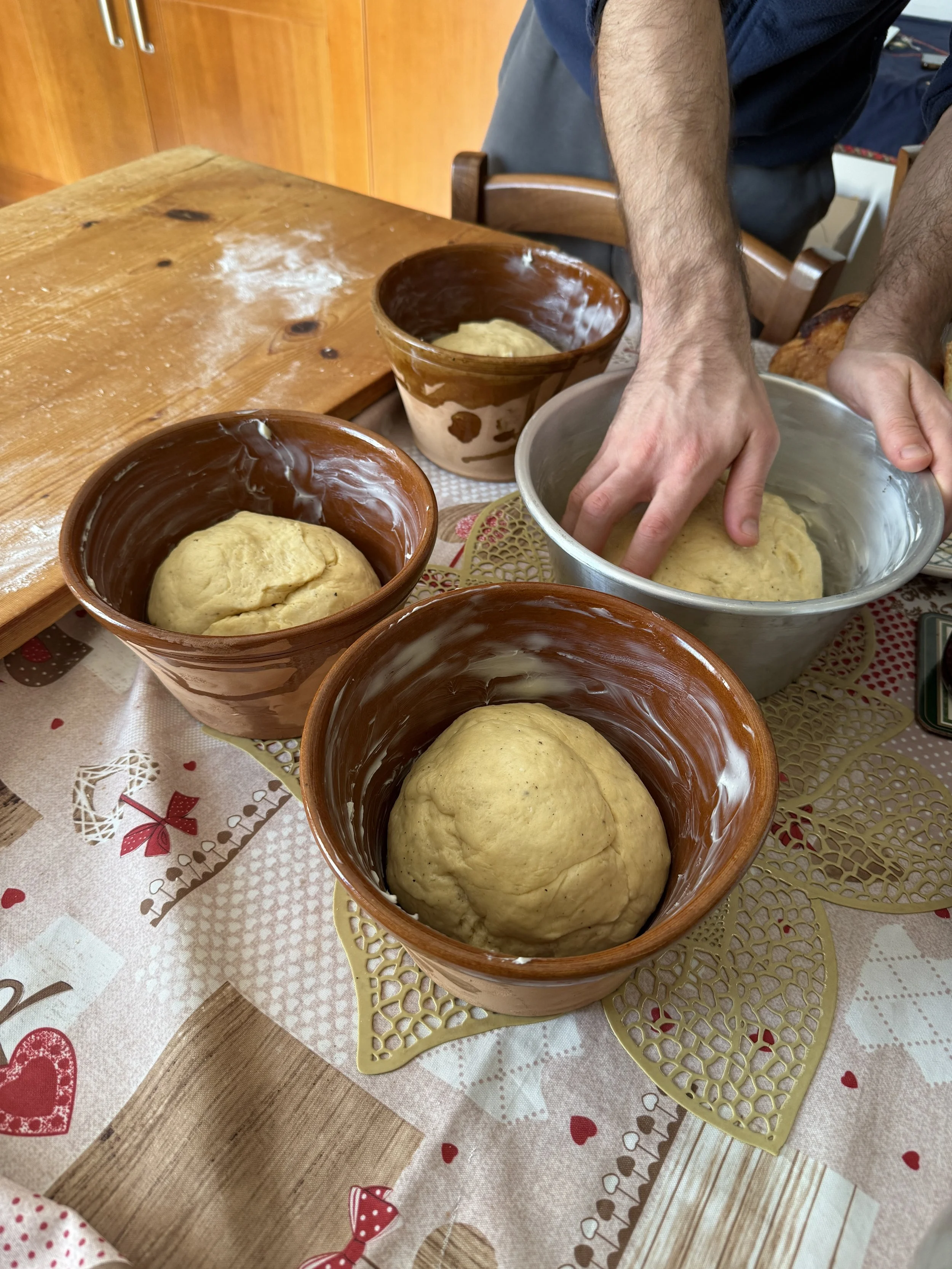 Setting it into baking bowls. 