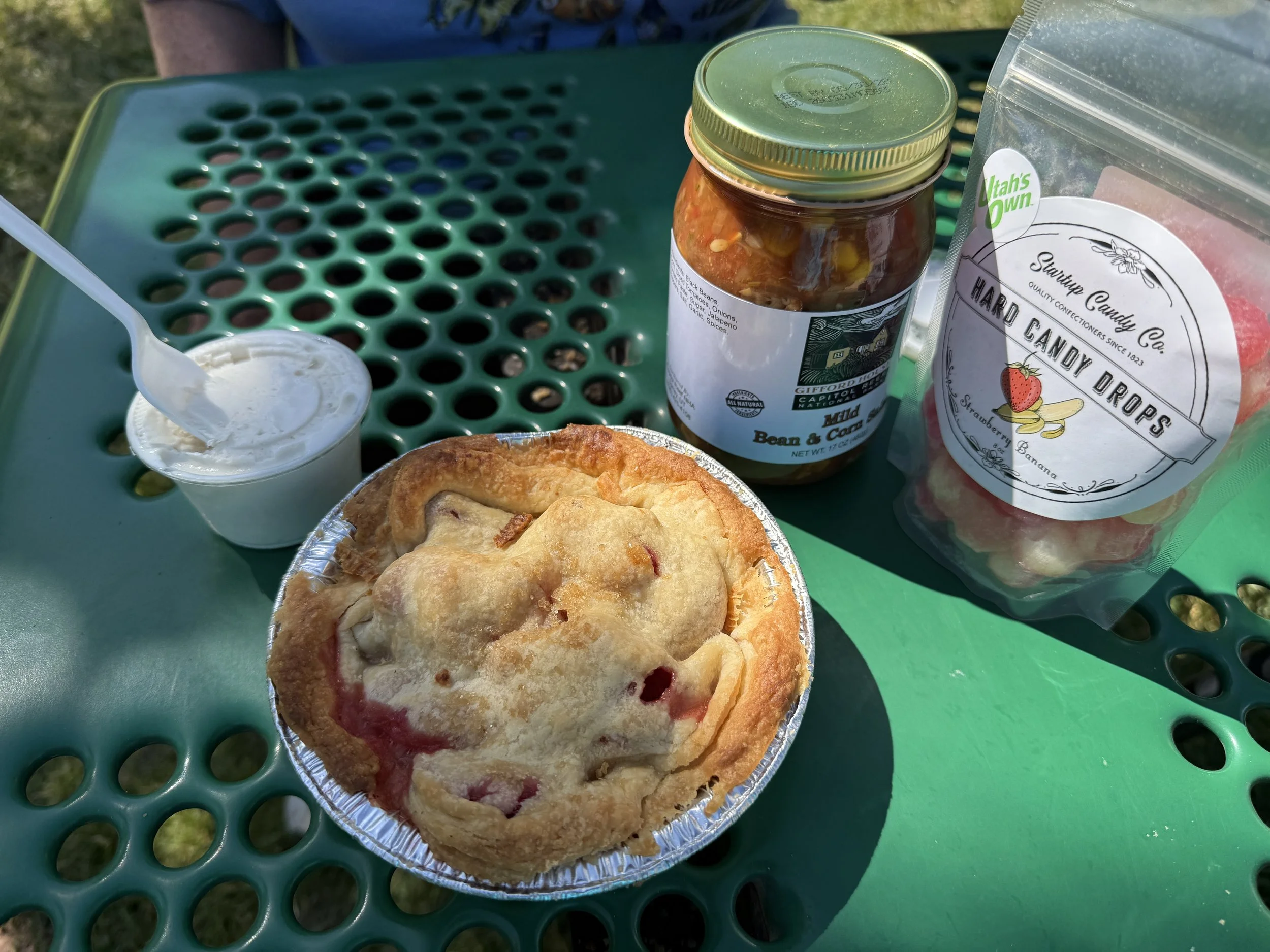 Strawberry rhubarb pie with icecream. We also got some bean &amp; corn salsa and some hard candy.