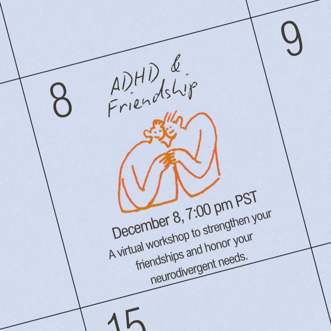 🌟 ADHD + Friendship Workshop 🌟
I&rsquo;m hosting a virtual workshop for neurodivergent adults who want to build healthier, more sustainable friendships without masking, overgiving, or abandoning themselves.

We&rsquo;ll explore ADHD-related pattern