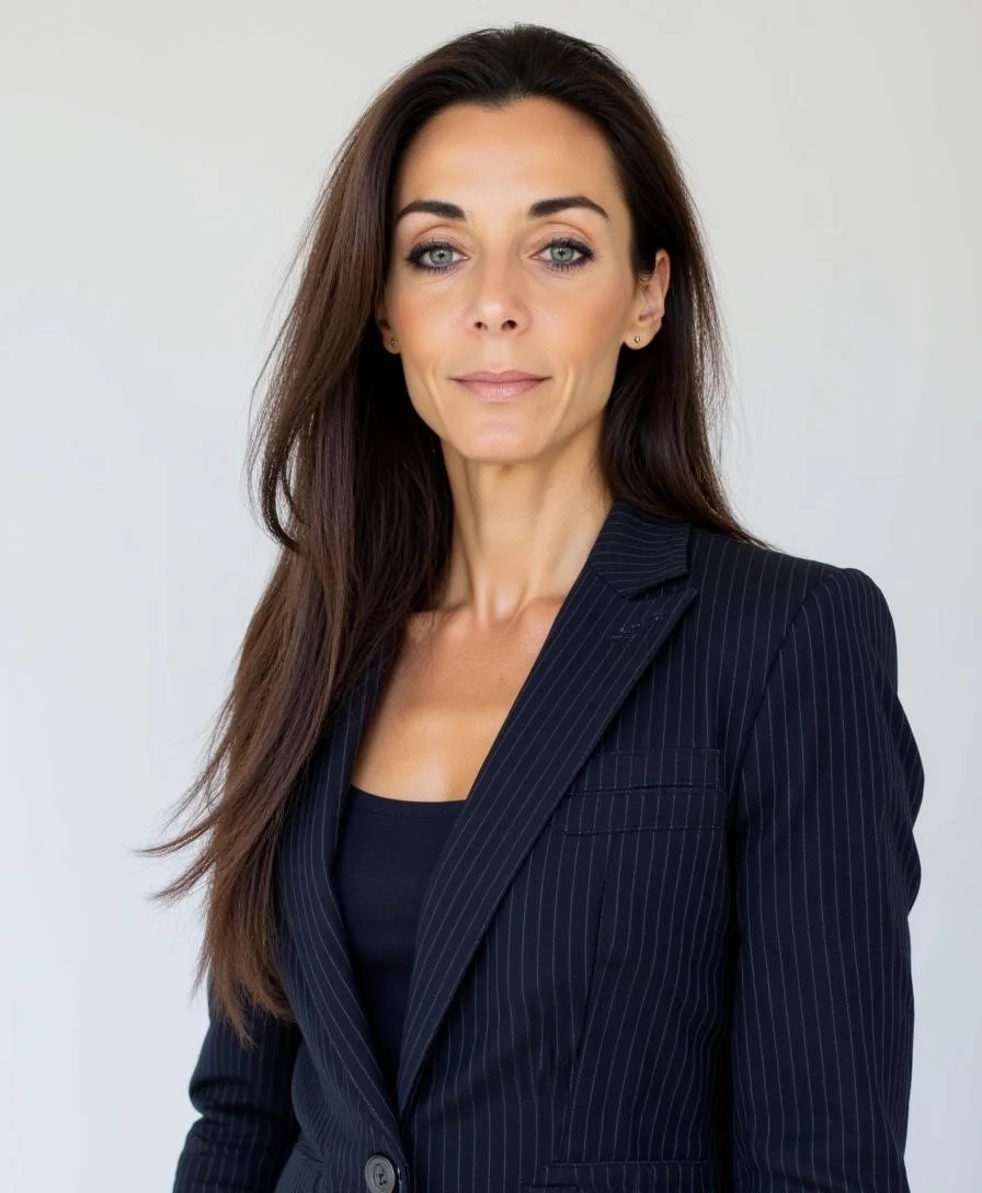 Professional woman with long dark hair, wearing a dark pinstripe blazer and black top, posing confidently against a plain light background.