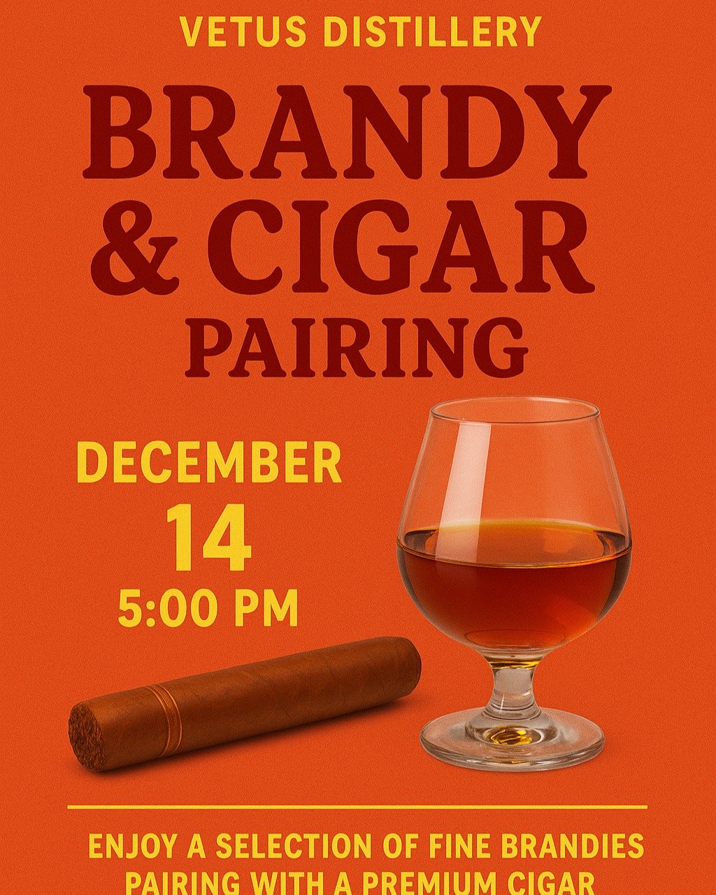 Join us for a night of rich Brandies, fine cigars, and fireside vibes.

🥃 Curated flight of 4 Brandies, aged in American and French oak
💨 Mobile humidor with premium cigars
🔥 Fire pits to enjoy the night
👉 Limited space - reserve your spot today 