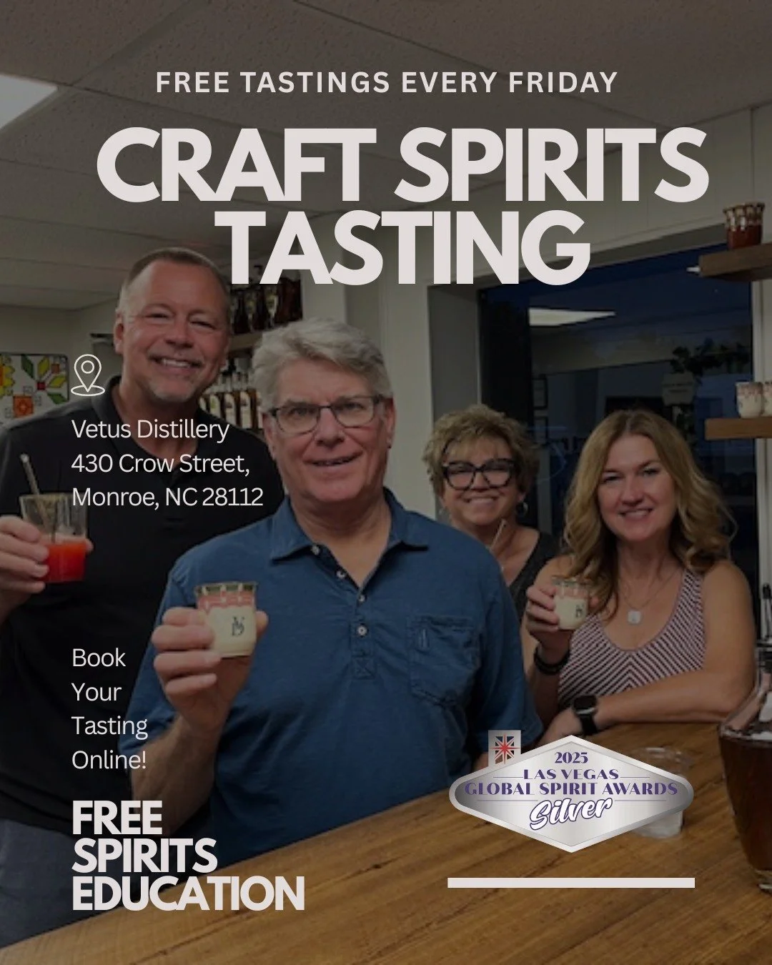 Interested in learning about premium spirits made right here in Monroe? We offer free craft spirits education and samples on Fridays. 

Please register before arriving. Just head to our website to book your free tasting. We have openings for tomorrow