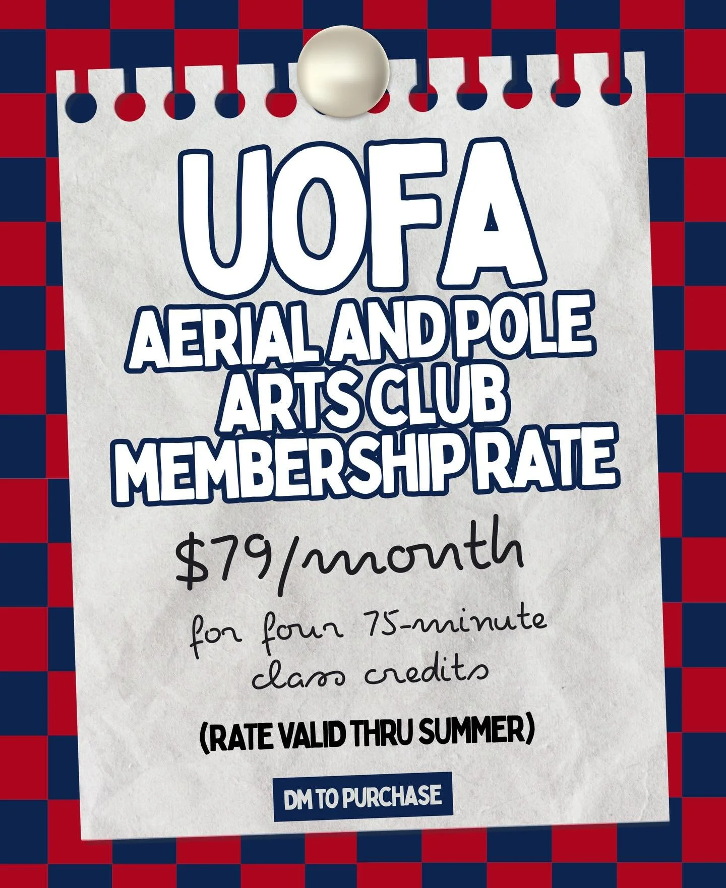 From now through the end of summer, we&rsquo;re offering members of the @uapole.aerial a special reduced rate monthly membership. Students who qualify will receive four 75-minute class credits per month for just $79 - this is a great offering for any