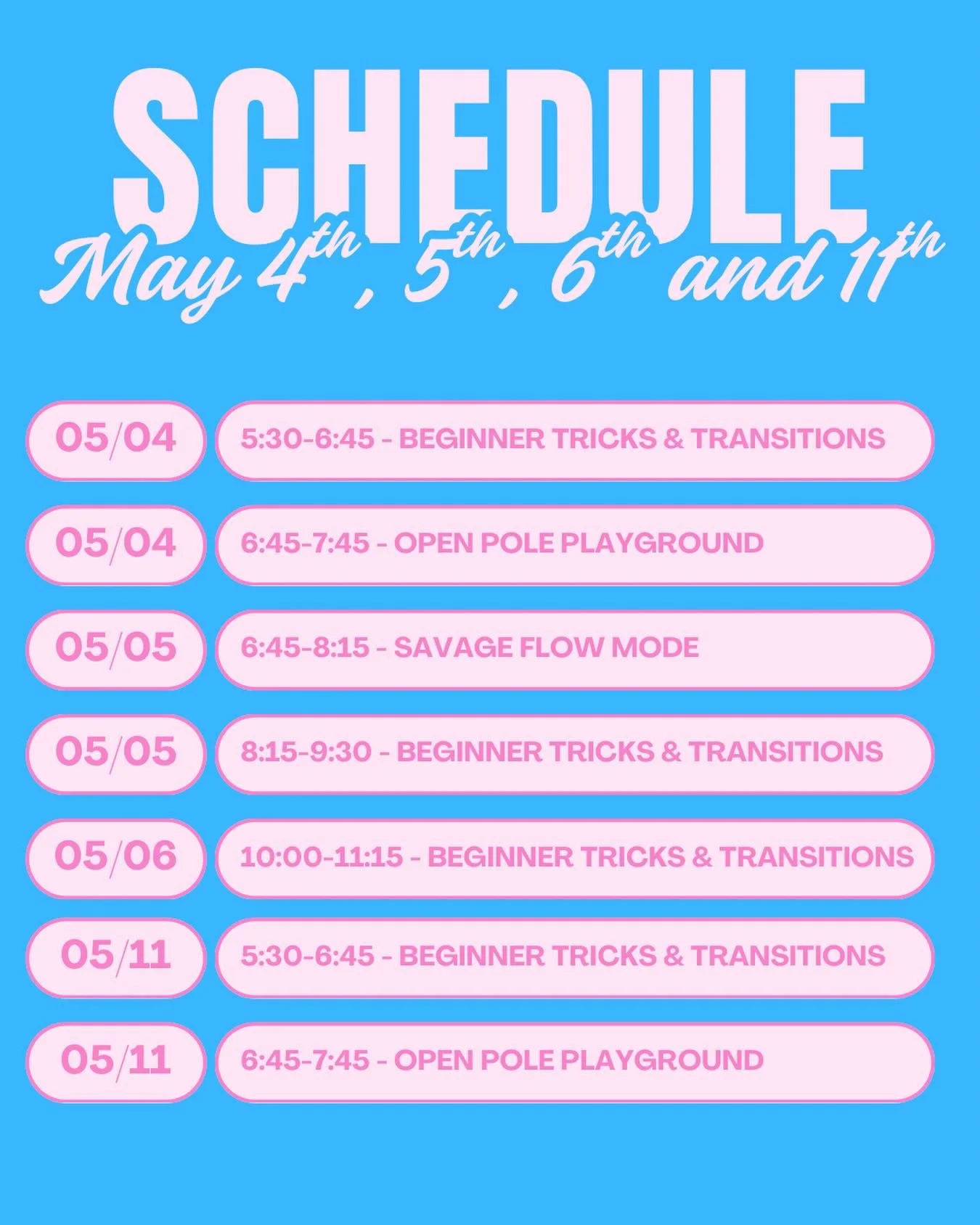 Temporary schedule update! I (Laura) will be out of town for a bit at the beginning of May, so @spinthesavageslays and @pink.mantis.pole are covering some of my classes. Members, check your email for more details!