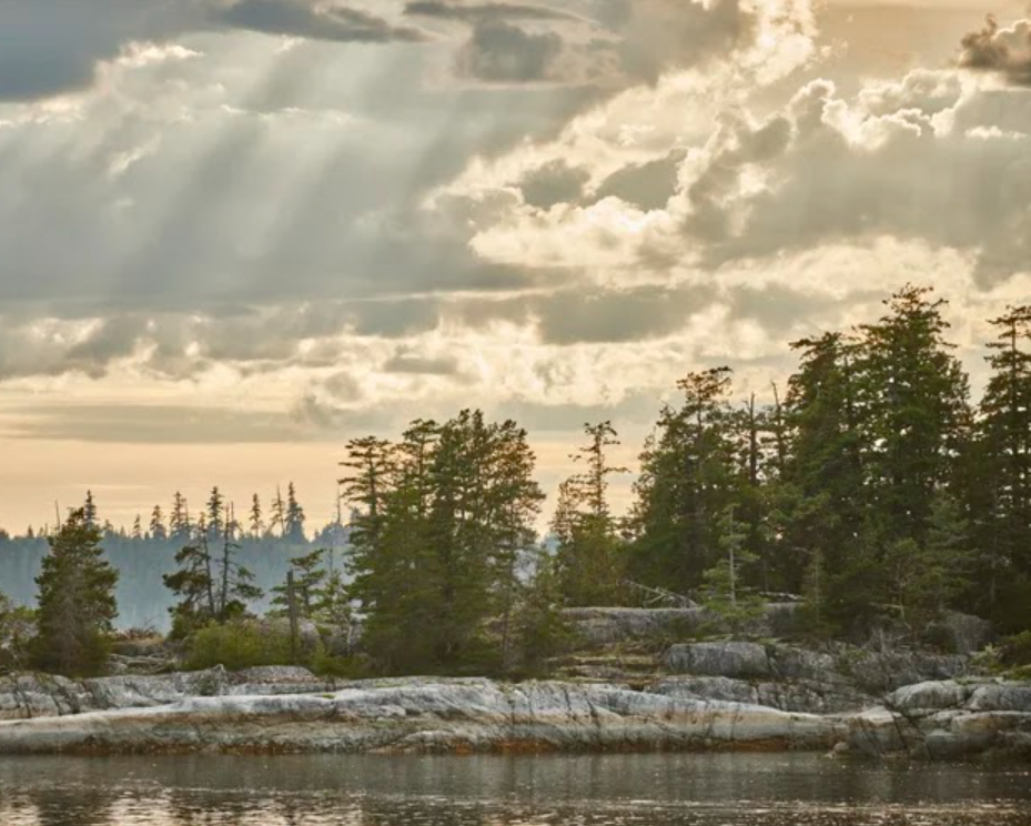 A lakeside view with pine trees on rocky shoreline under a cloudy sky with sun rays breaking through.
