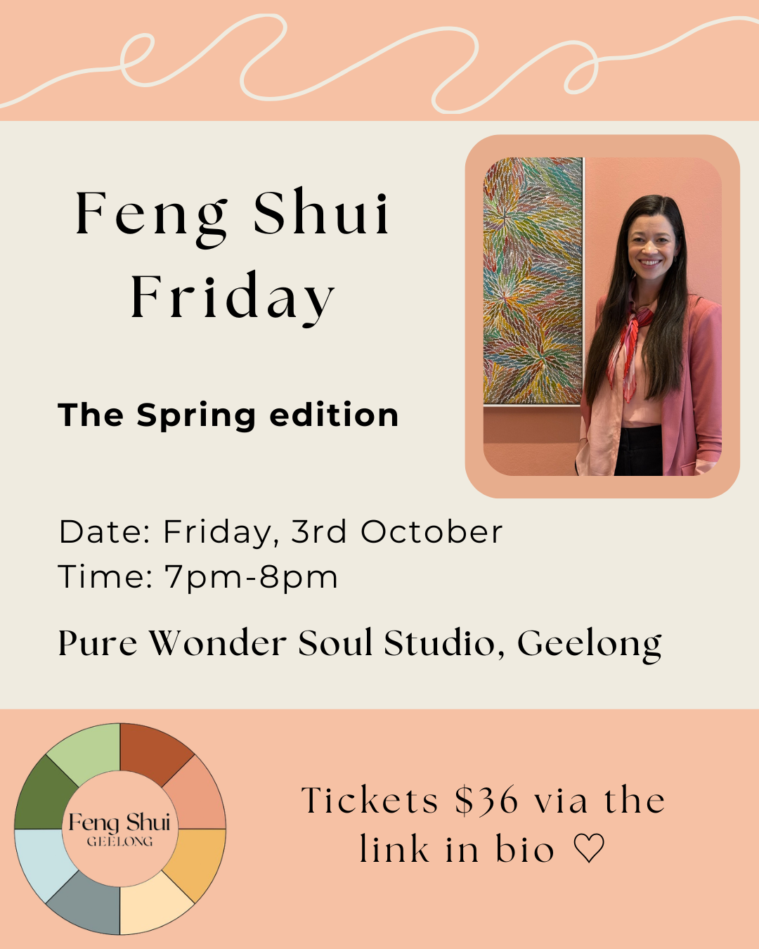Event poster for Feng Shui Friday's Spring edition featuring a woman in a pink blazer and red scarf, standing next to colorful artwork. Details include date, time, location, and ticket information.