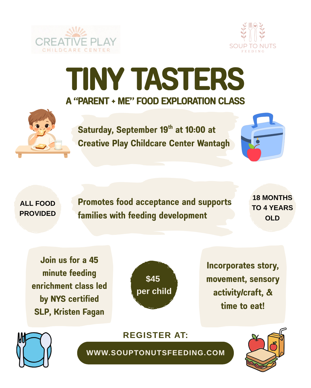 Tiny Tasters: A "Parent + Me" Food Exploration Class on Saturday, September 19th at Creative Play Childcare Center
