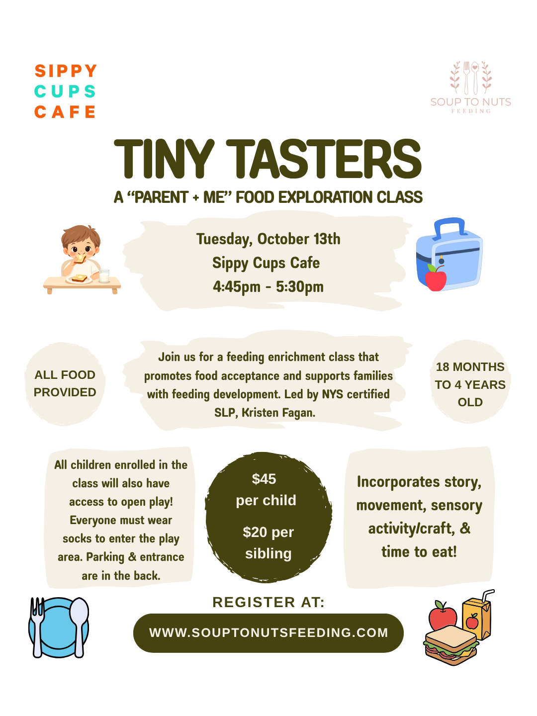 Tiny Tasters: A "Parent + Me" Food Exploration Class on Tuesday, October 13th at Sippy Cups Cafe
