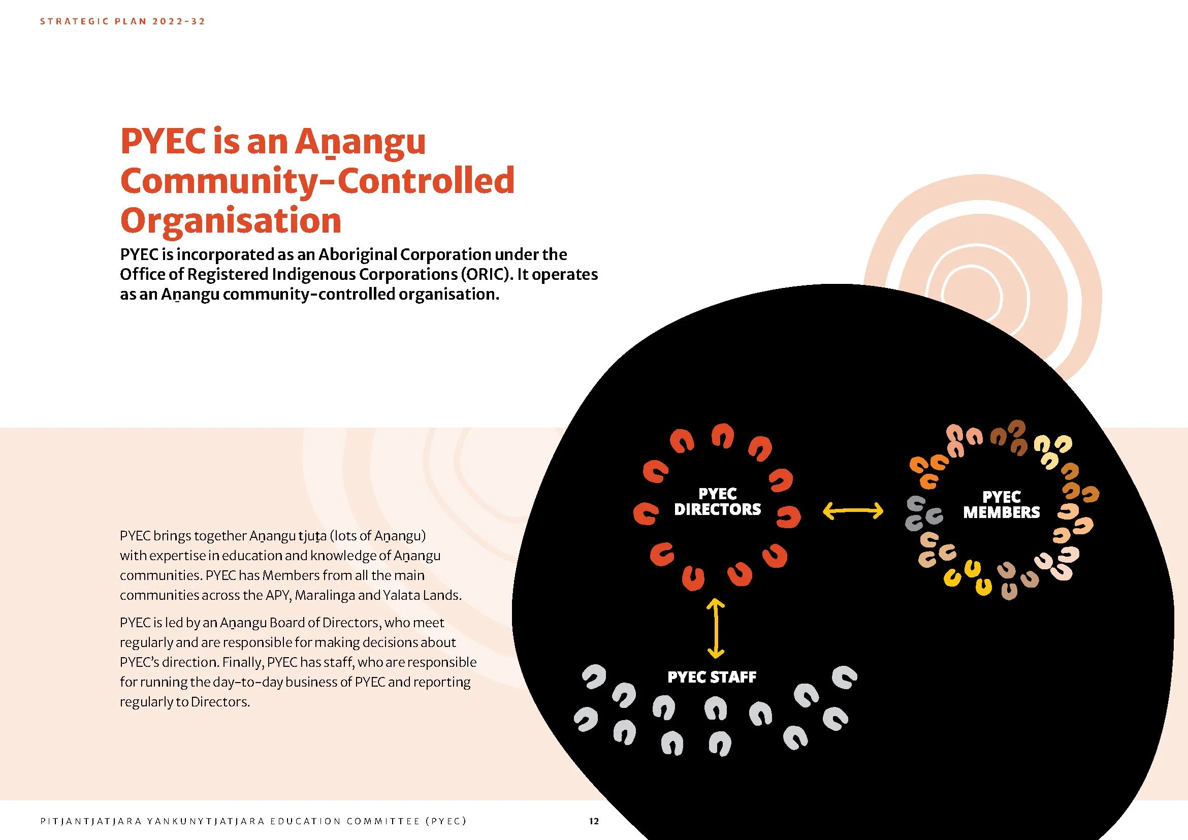 Diagram showing the structure of PYEC, with three groups: PYEC Directors, PYEC Members, and PYEC Staff, connected by arrows, with descriptive text about its community-controlled organization status.