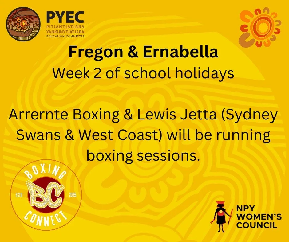 In week two of the school holidays Arrernte Boxing Academy will be running boxing fitness sessions in Fregon (mornings) & Ernabella (afternoons). They will also have 2x AFL premiership player, Lewis Jetta with them!
Reach out to Liti in Fregon o
