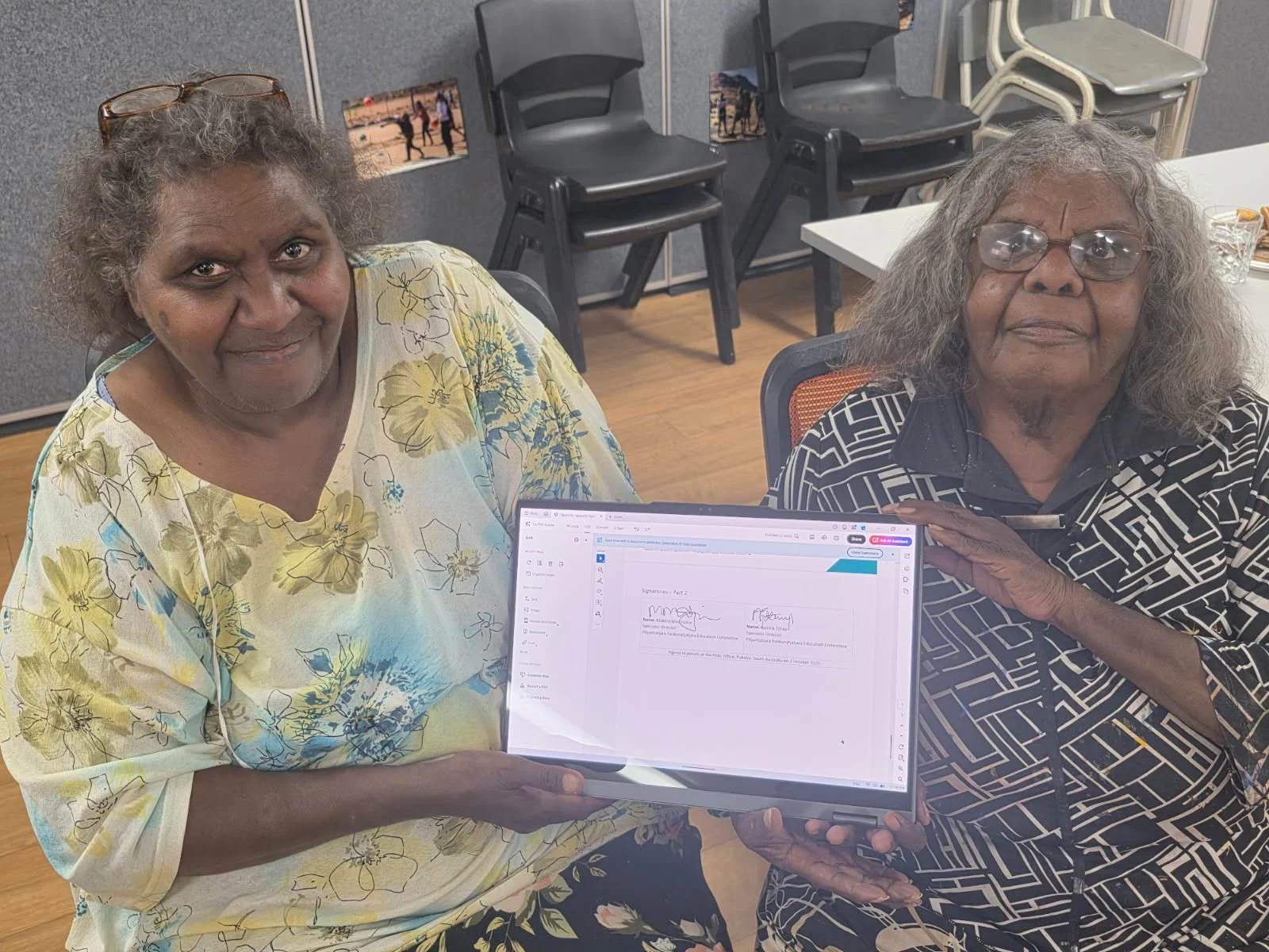 Recently we marked a significant milestone in the move towards bilingual education for Aṉangu schools. Executive Director of PYEC, Casey Colin Kenny, along with Specialist Directors Katrina Tjitayi and Makinti Minutjukur, presented to the Department
