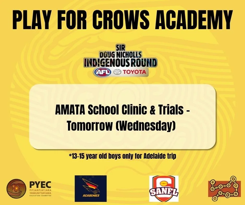 The last trials for the Crows Academy team are tomorrow in Amata. Bailey will be at Amata Anangu School during the day running football and softball clinics so get to school to get ready for the start of the AJFL. 

He will also be running the trials
