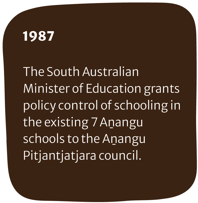 A brown rounded rectangular infographic with white text from 1987 stating that the South Australian Minister of Education grants policy control of schooling in 7 Anangu schools to the Anangu Pitjantjatjara council.