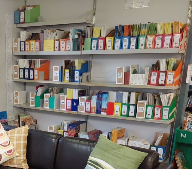 Bookshelves filled with organized binders and books in a room with a couch and pillows in the foreground.