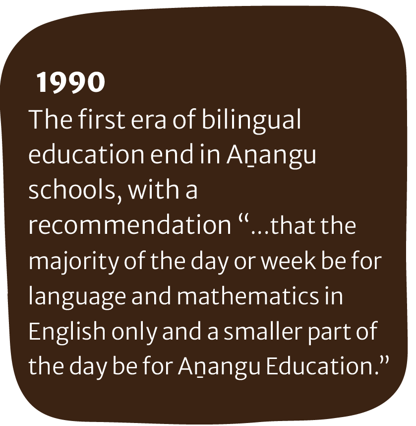 Text overlay on a dark brown background states that in 1990, Anangu schools ended the first era of bilingual education, recommending most of the day or week be in English only, except for a smaller part focused on Anangu education.