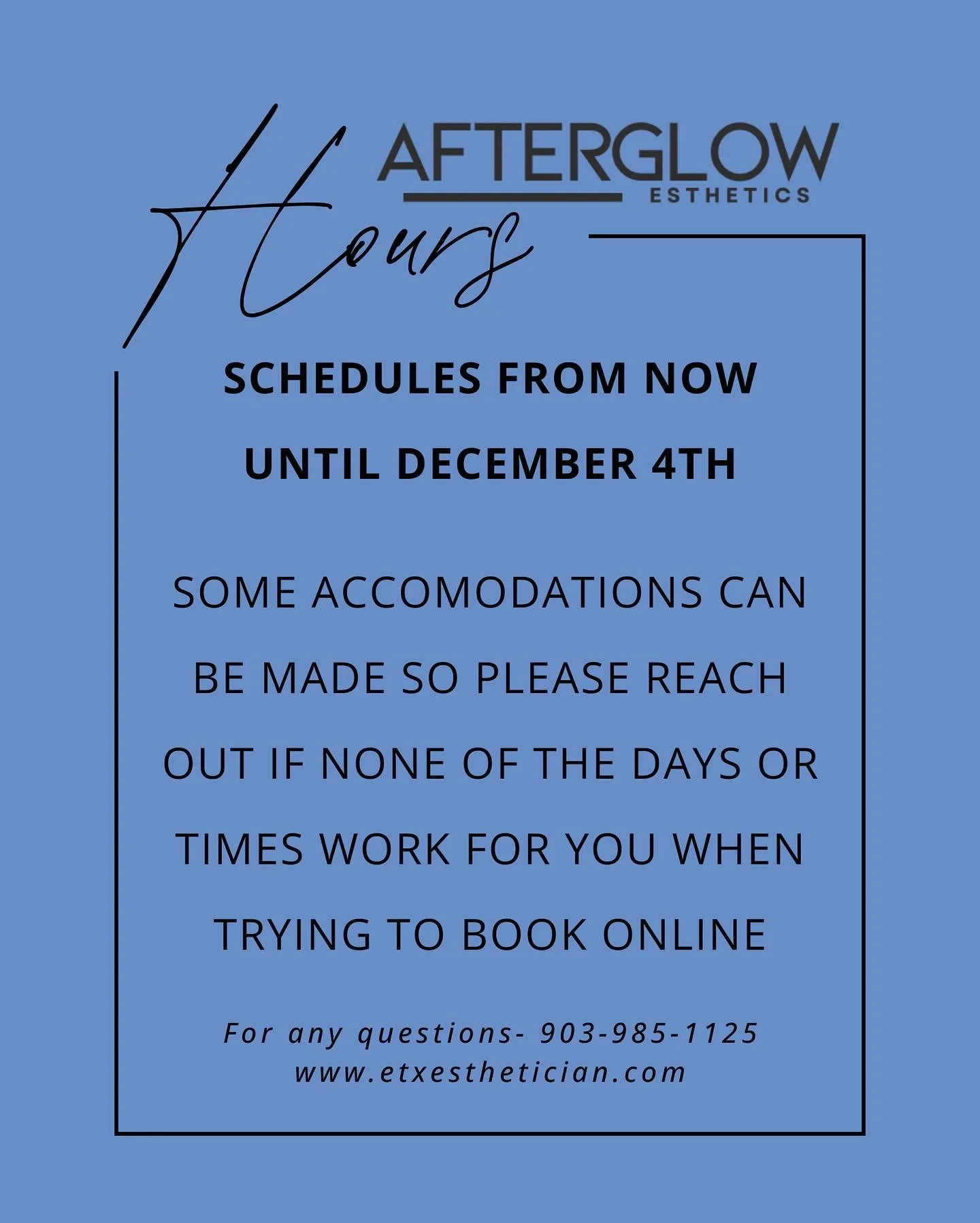 I have my schedules all the way up until December 4th done! If you are needing in this spring/summer/ fall please think about booking ahead! While some parts of my schedule can be flexible I have other times with standing obligations that cannot be s