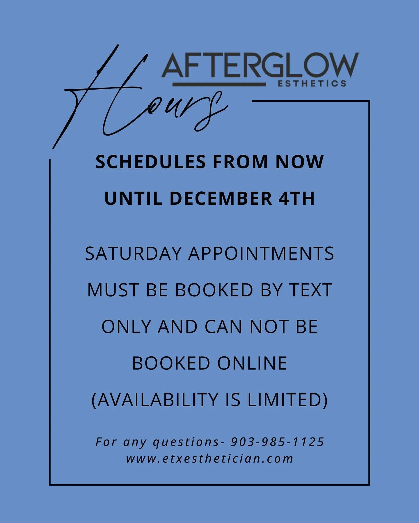 Upcoming availability May 8 &ndash; December 4 ✨

I&rsquo;m posting my schedules ahead of time so everyone has plenty of time to plan, prebook, and stay on track with appointments.

My availability will be more limited during certain date ranges, so 