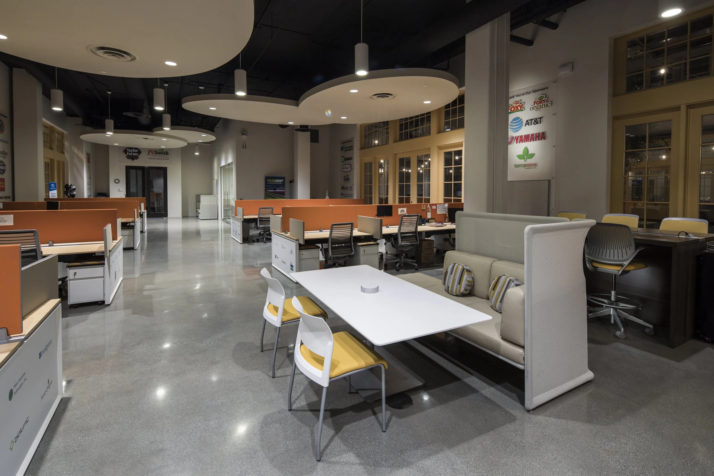 An open office featuring workstations, a mix of causal and formal seating. Polished concrete and modern lighting with cloud ceilings.