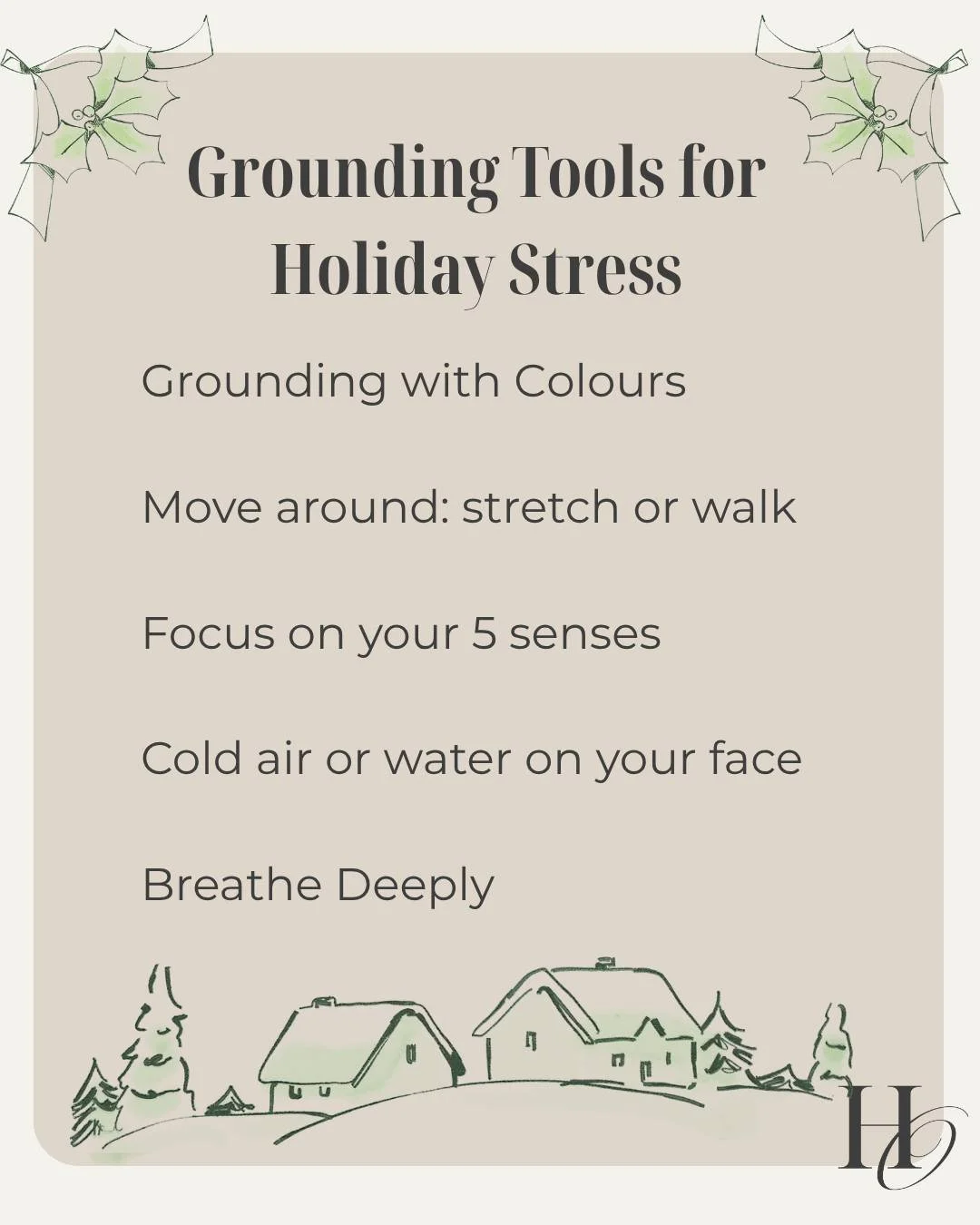 The holidays can bring a mix of connection, pressure, and stress...even when we want to feel grounded. 🌿

If you notice yourself feeling overwhelmed, pause and reconnect with what helps you come back to the present.

✨ Feel your feet on the floor.
✨