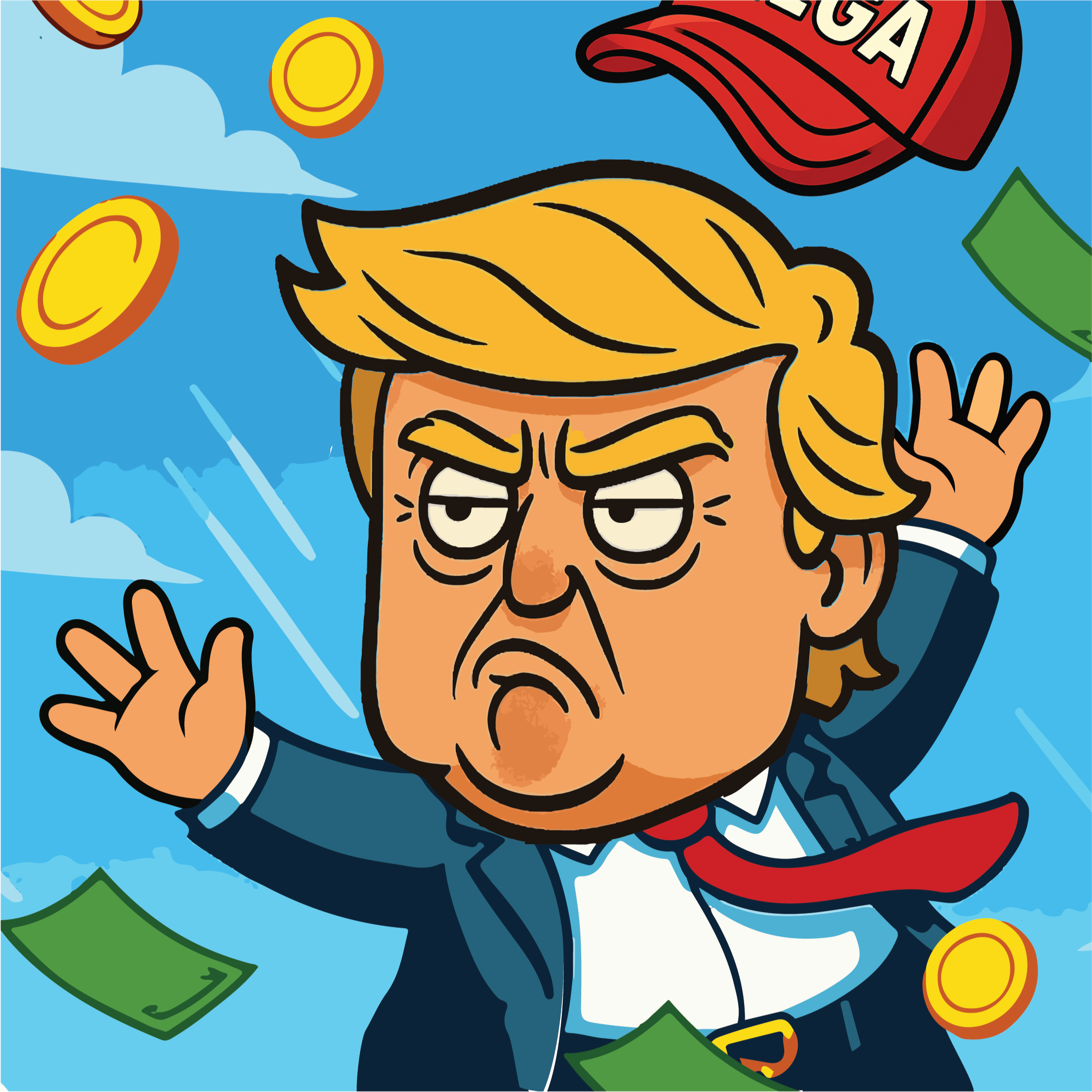 Cartoon illustration of a man resembling Donald Trump with a stern expression, surrounded by flying coins and dollar bills against a blue sky background.